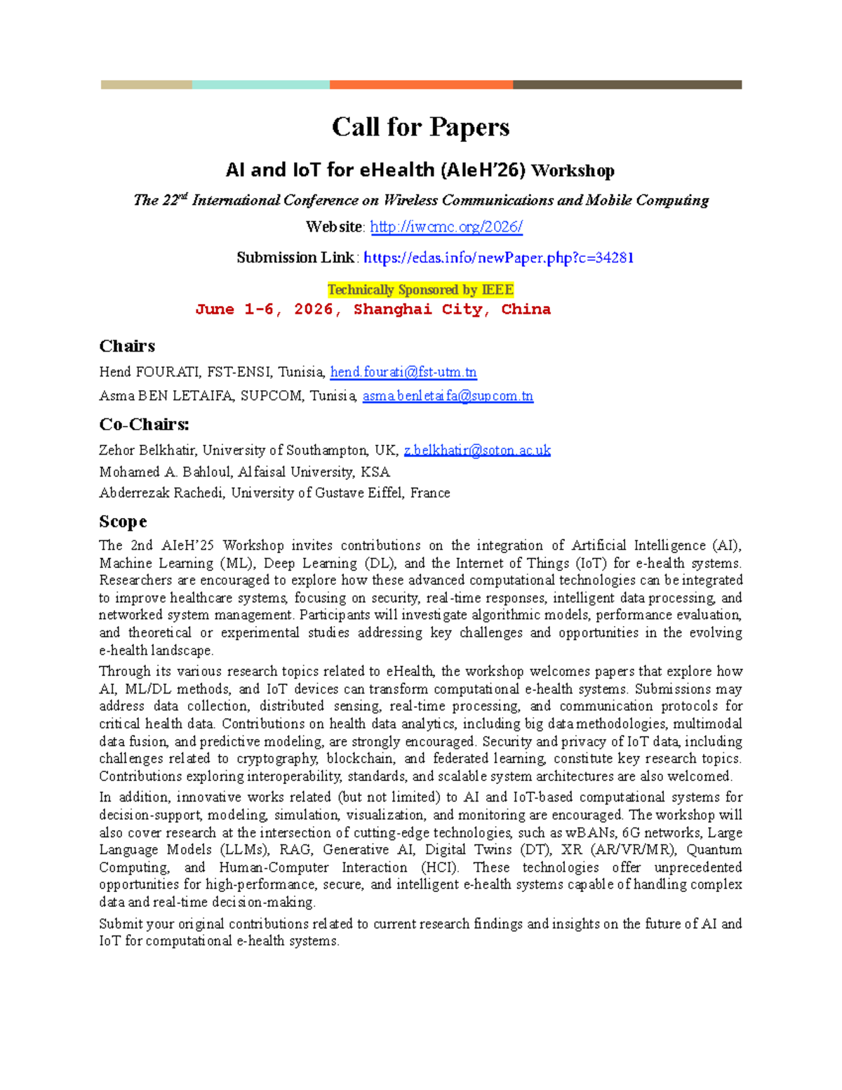 AI and IoT for eHealth Workshop - Call for Papers 2026 - Studocu