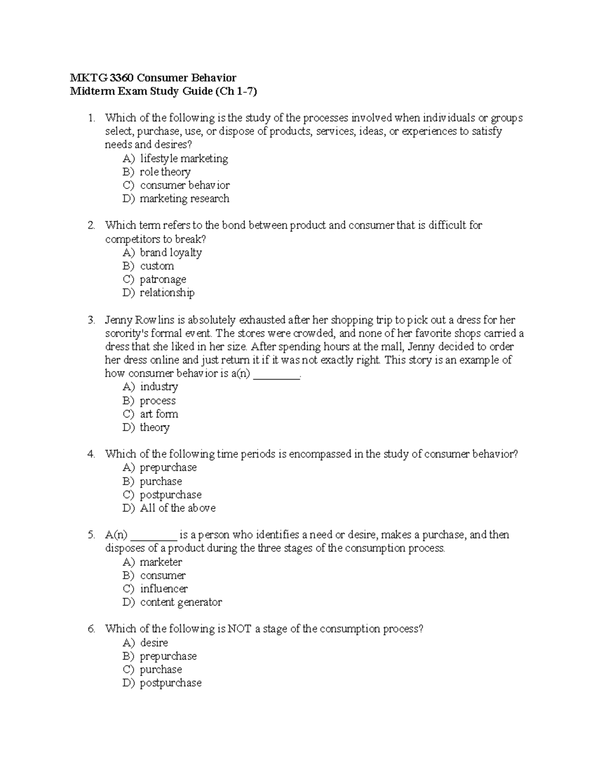 MKTG 3360 Consumer Behavior Midterm Exam Study Guide (Ch 1-7) - Which ...