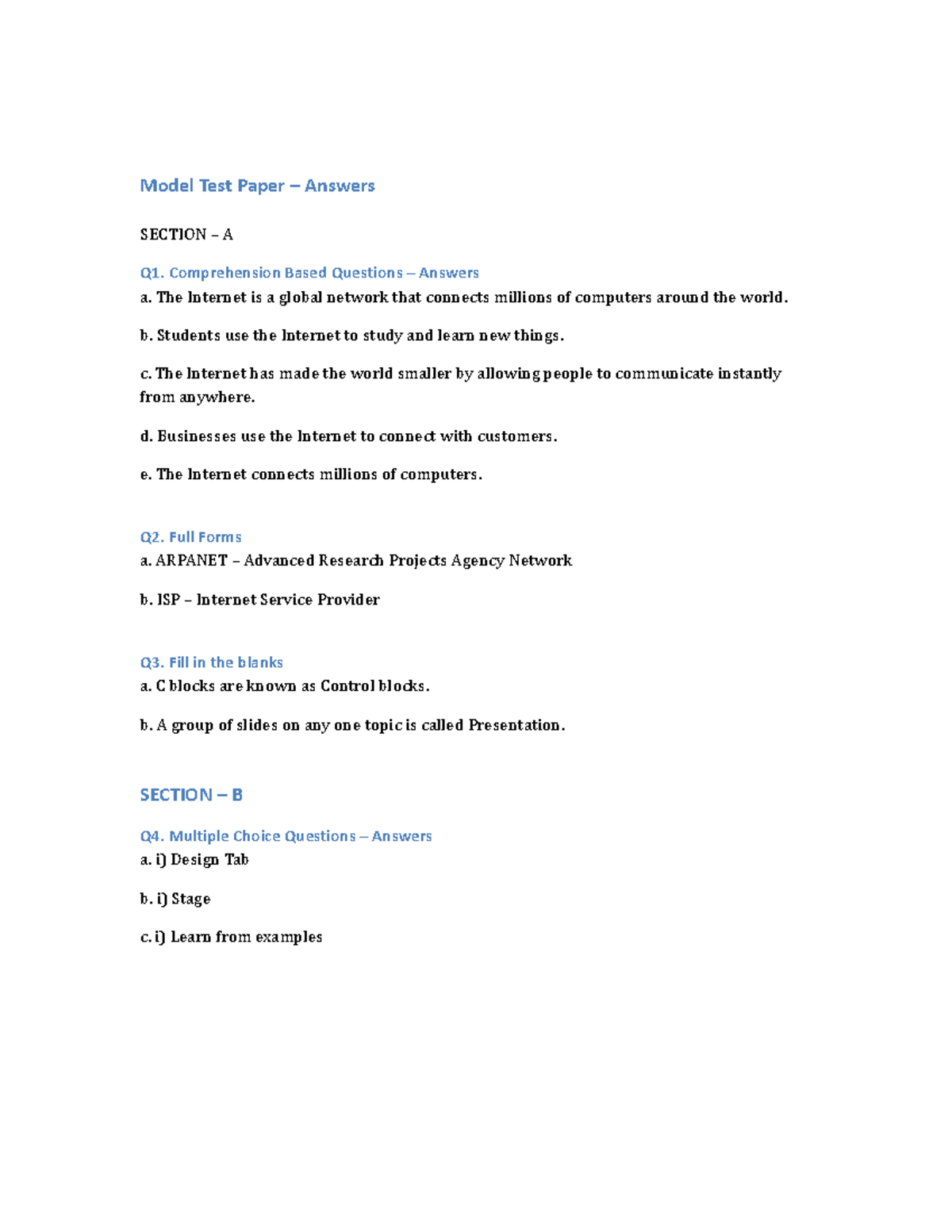 Class 4 Computer AI Model Test Paper Answers - Studocu