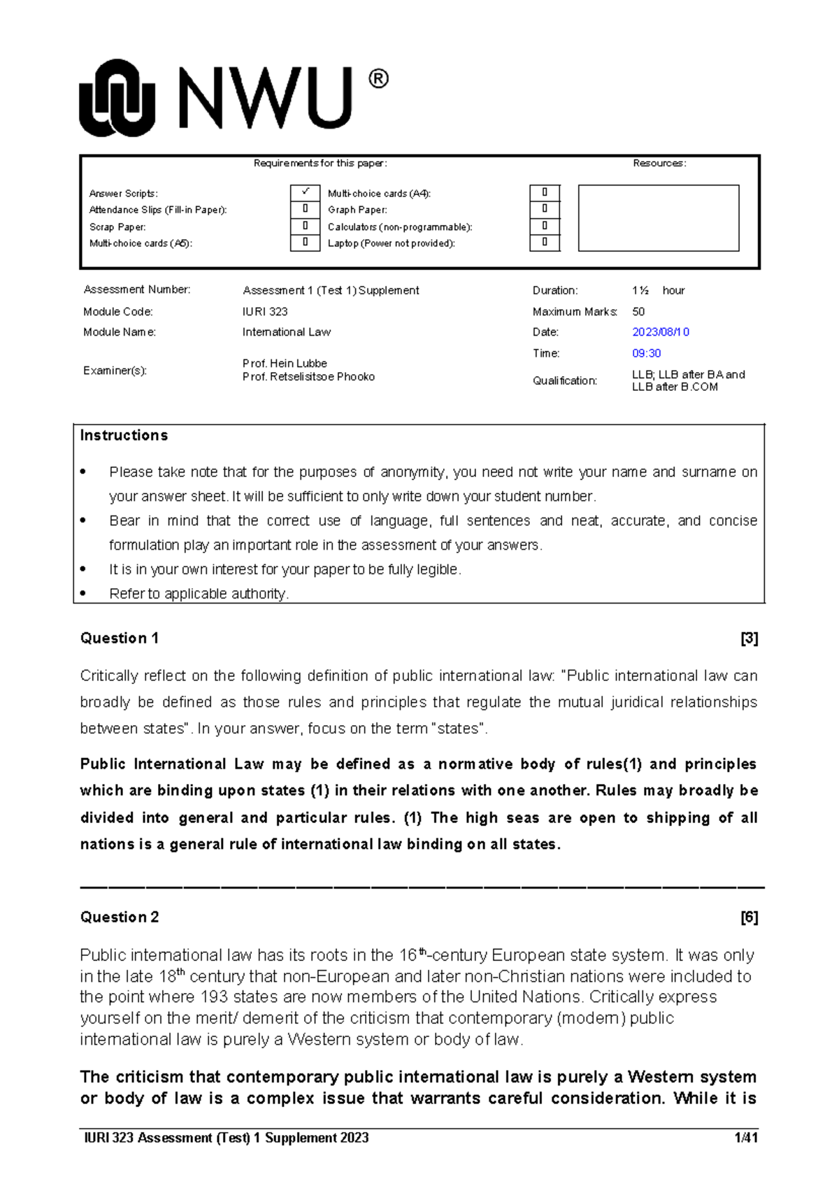 IURI323 Test 1 Supplement Guide for International Law 2023 - Studocu