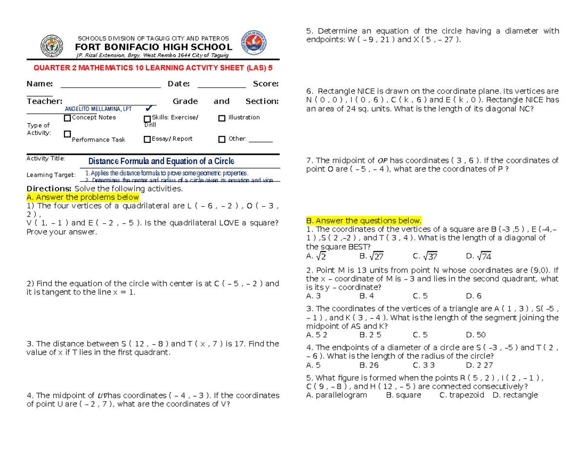 Activity Sheet - Q2-L5: Distance & Equation of Circle in Math 10 - Studocu