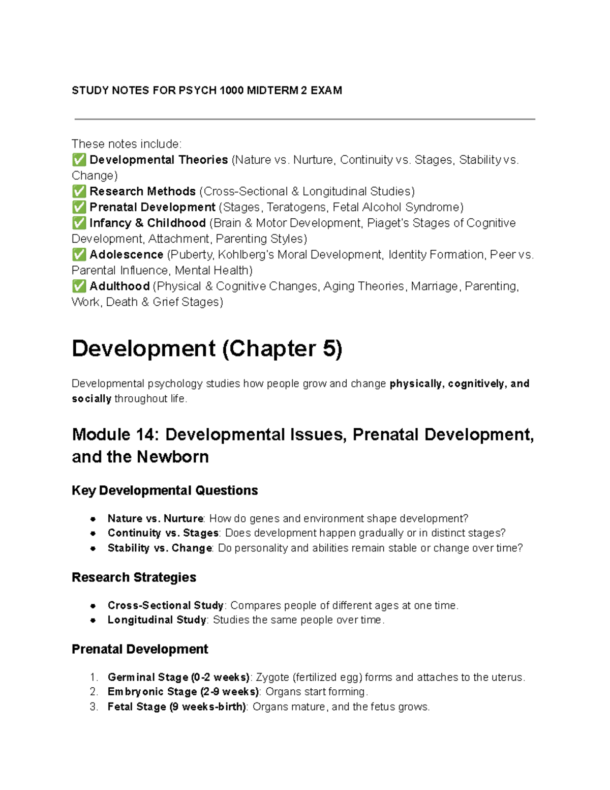 Psych 1000 Midterm 2 Exam Study Notes: Development & Learning Insights ...