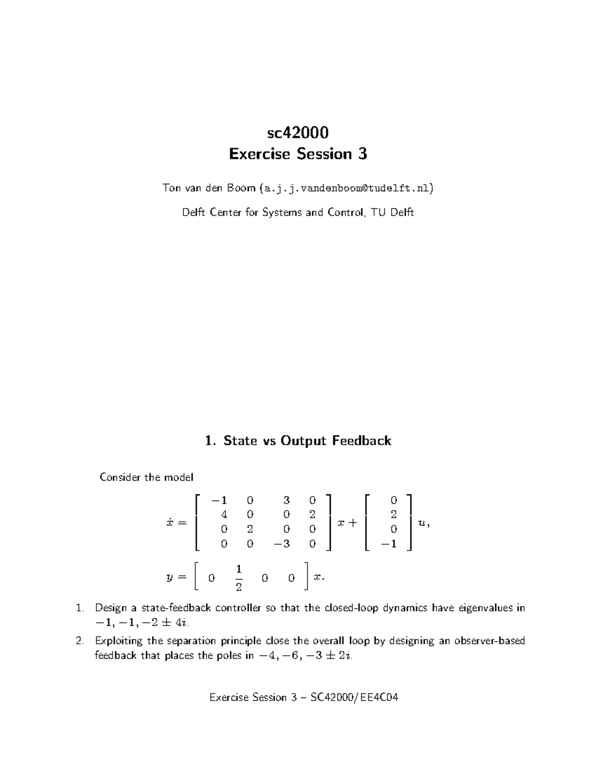 Exercise set 3 solutions - Control System Design - TU Delft - Studeersnel