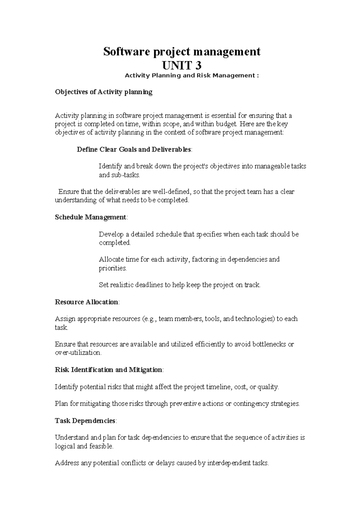 SPM UNIT 3 - Activity Planning & Risk Management Overview - Studocu