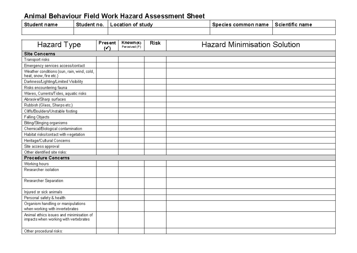 Animal Behaviour Hazard Assessment Sheet(1) - Animal Behaviour Field ...