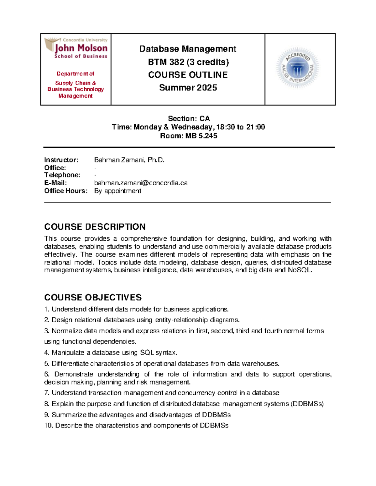 BTM 382 Summer 2025 Course Outline: Database Management Essentials ...