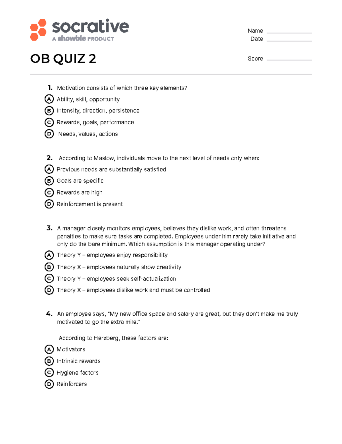 Quiz OB 2: Key Concepts in Motivation and Management Theories - Studocu