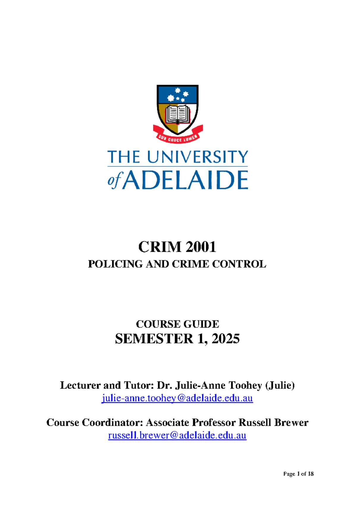 CRIM 2001 Policing and Crime Control Course Guide - Semester 1, 2025 ...
