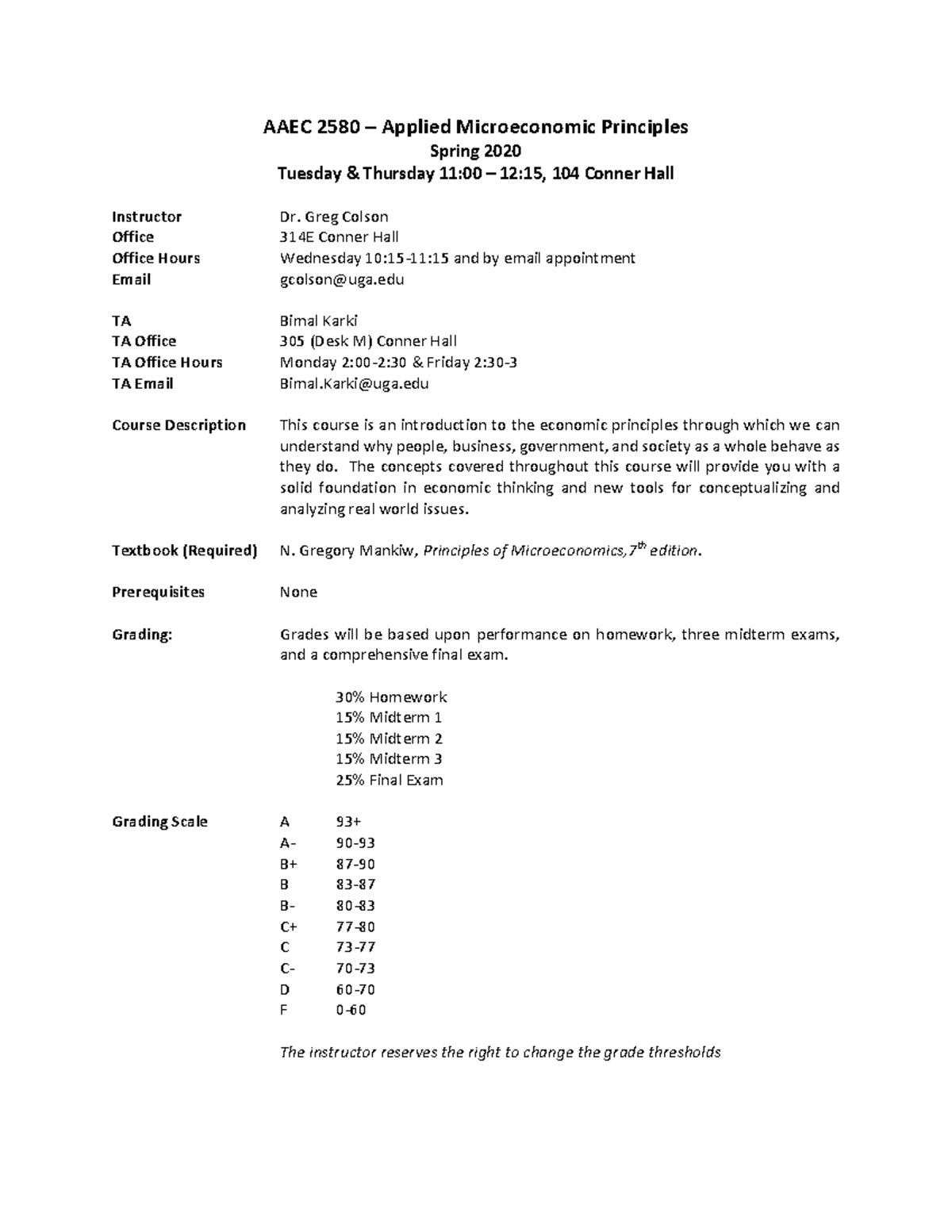 AAEC 2580 Applied Microeconomic Principles Syllabus - Spring 2020 - Studocu