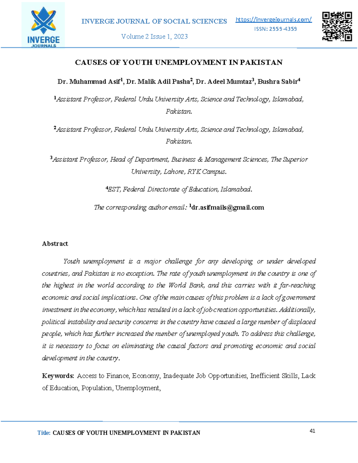 Causes of Youth Unemployment in Pakistan: Insights from Volume 2, Issue ...
