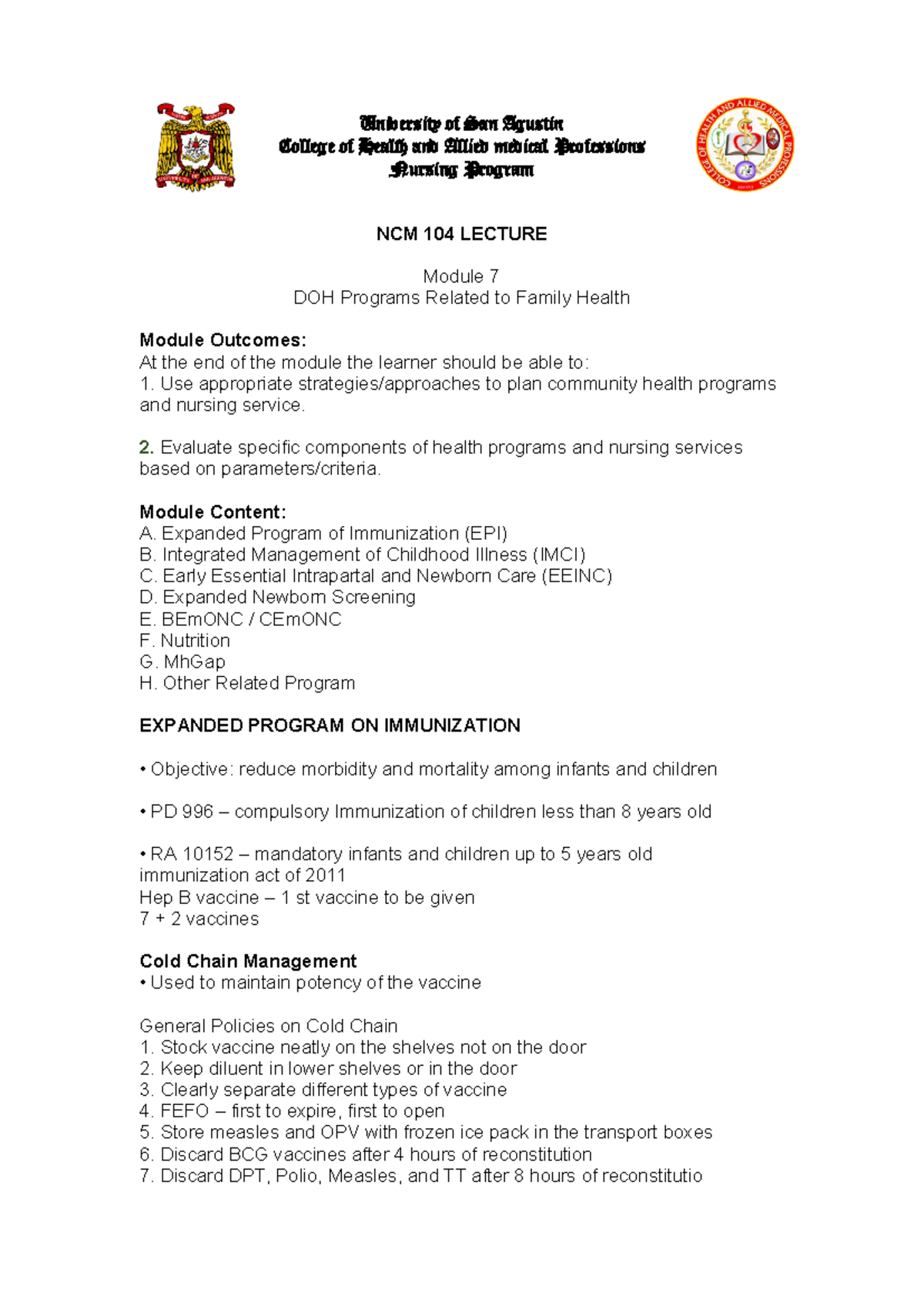 NCM 104 Lecture - Module 7: DOH Family Health Programs Notes - Studocu