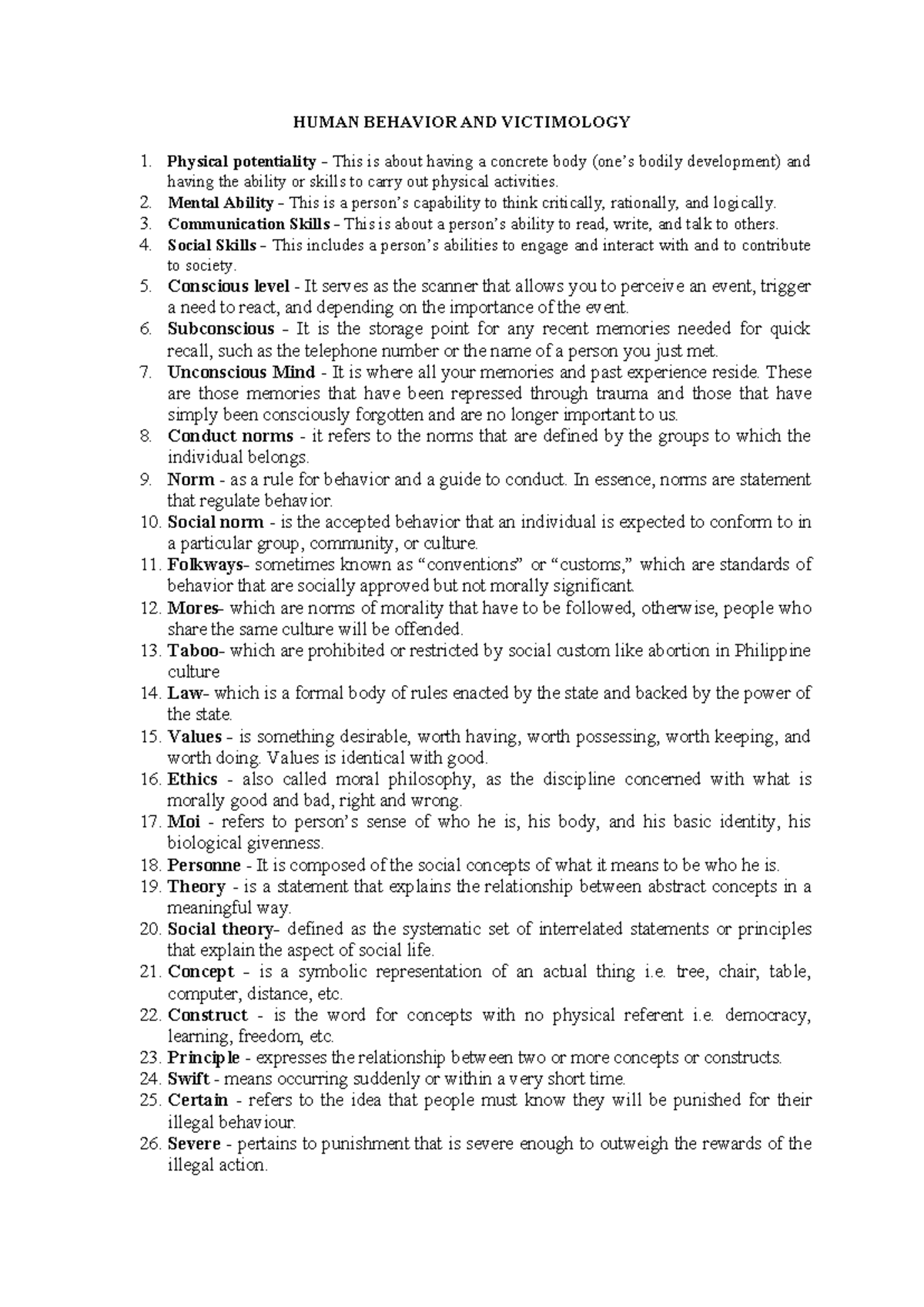 30 Key Terms for Human Behavior and Victimology (HBV 101) - Studocu