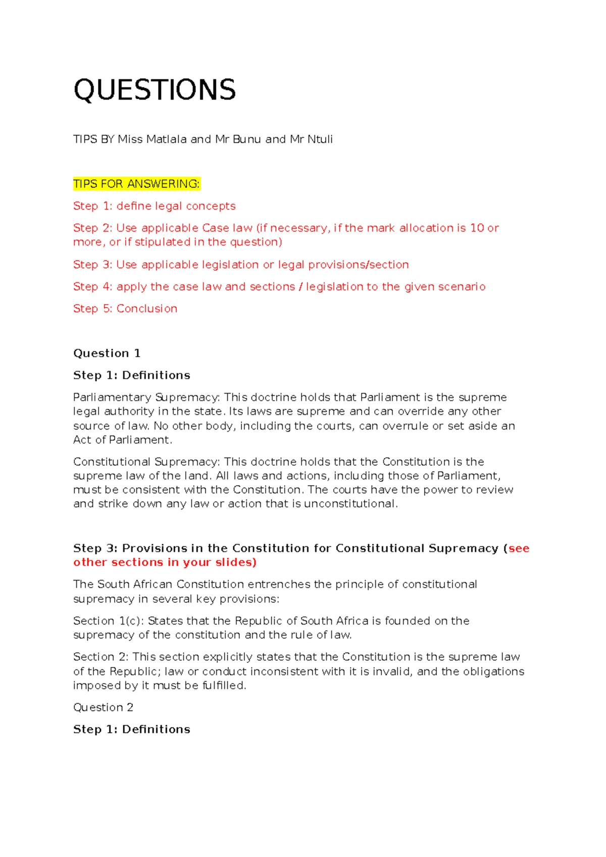 Constitutional Law Tutorial Questions Memo - Week 3 (CL 101) - Studocu