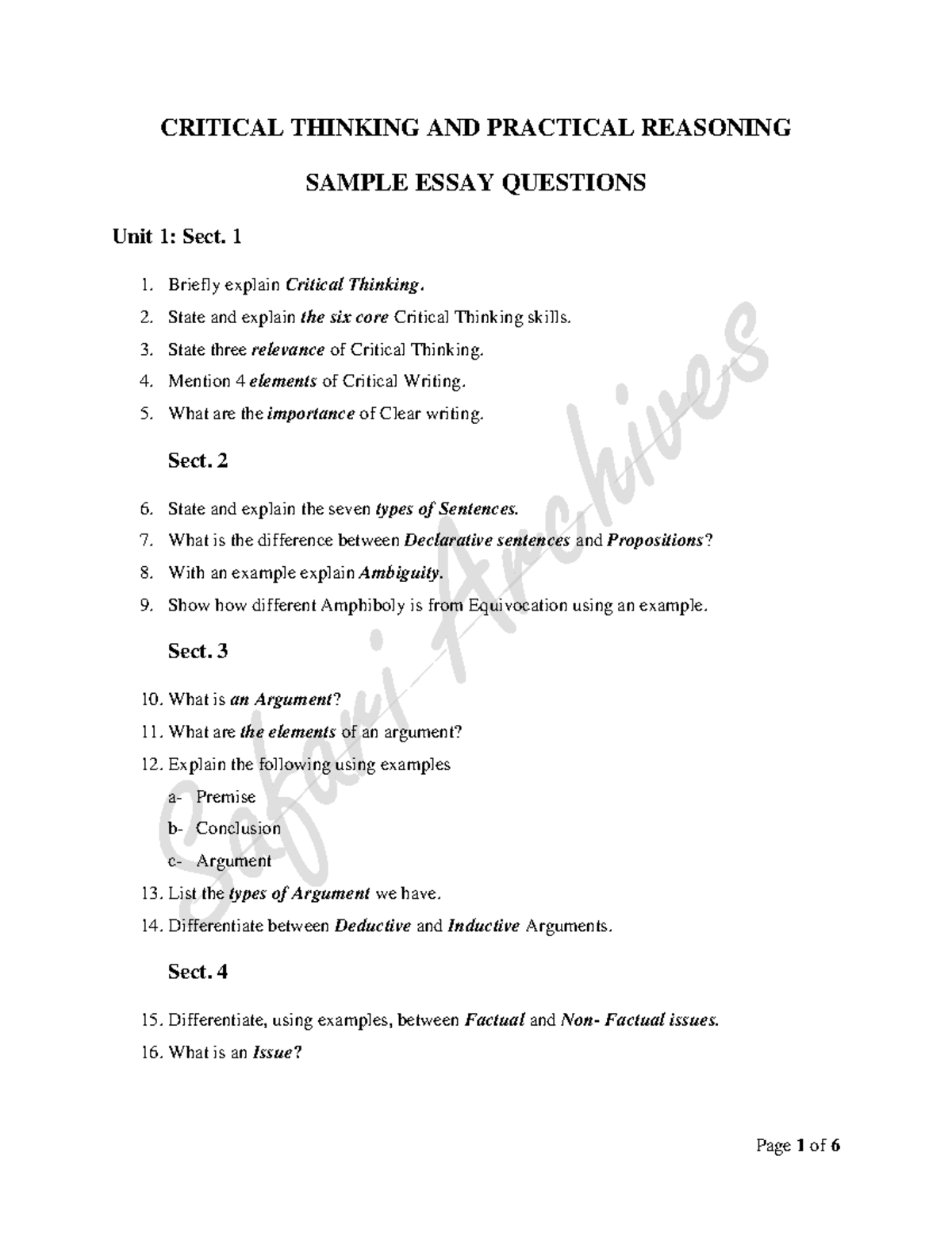 CRIT. Sample Essay Questions-1 - CRITICAL THINKING AND PRACTICAL ...