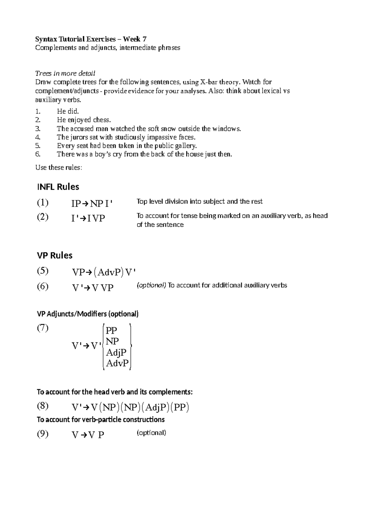 Syntax Tute W7: Complements, Adjuncts & Tree Diagrams - Studocu