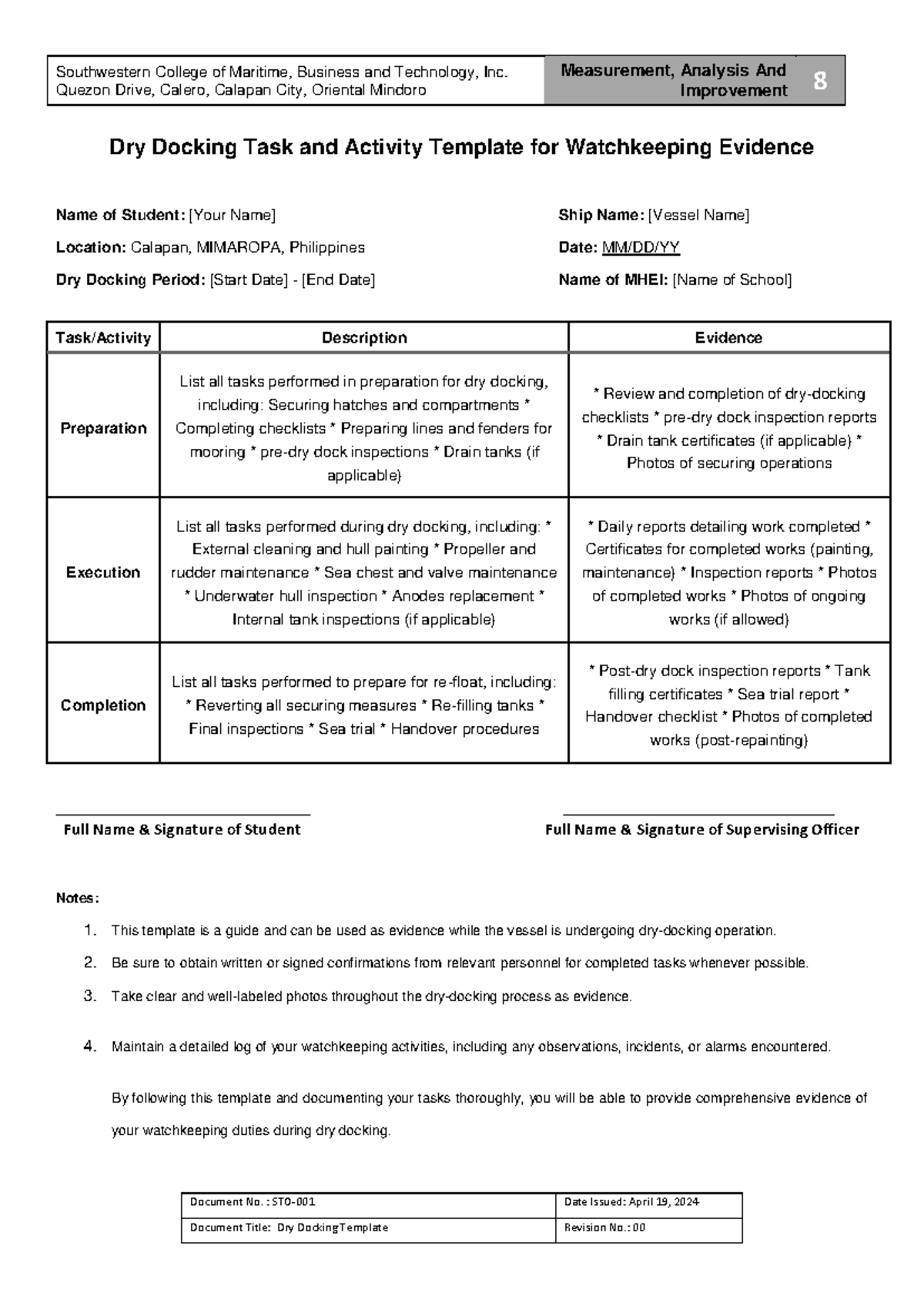 Dry Docking Activity Template For Watchkeeping Evidence Sto 001 Studocu