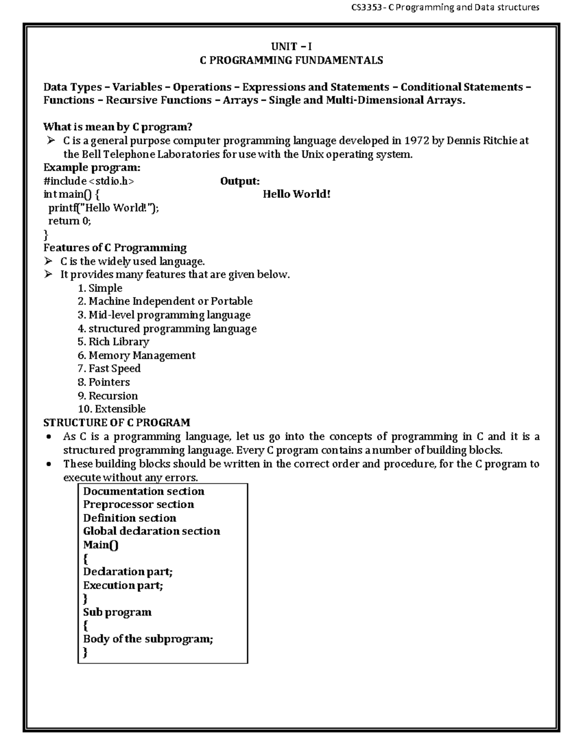 CS3353 C Programming Fundamentals: Data Types, Functions & Arrays - Studocu