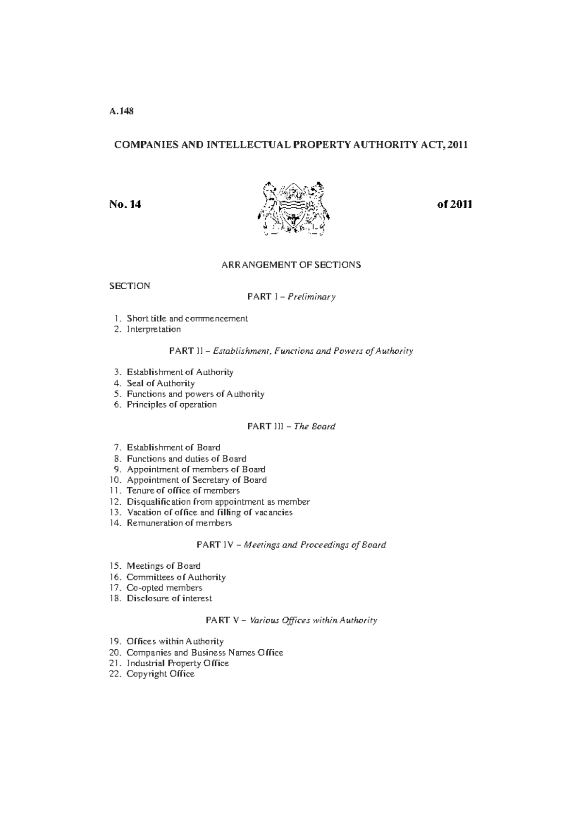 A.148 Companies & Intellectual Property Authority Act, 2011 Overview ...
