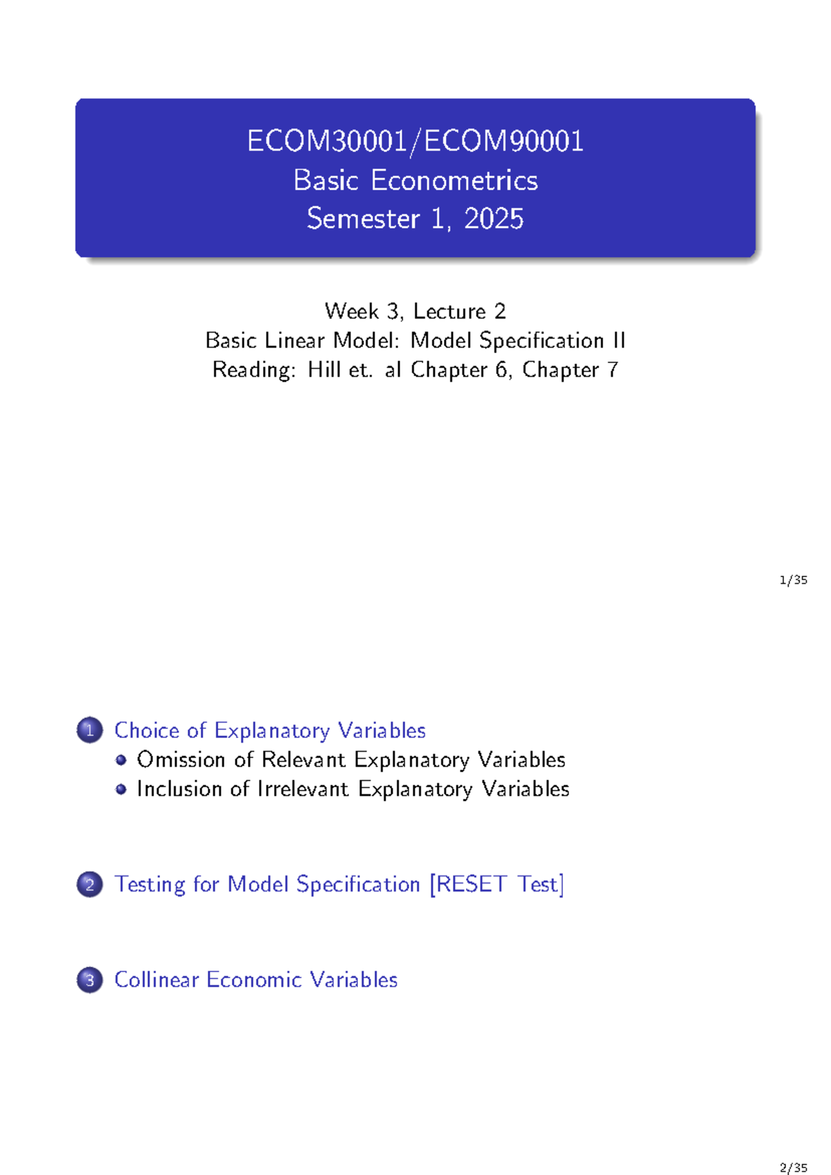 Basic Econometrics (ECO 101) Semester 1, 2025: Lecture 2 on Linear ...