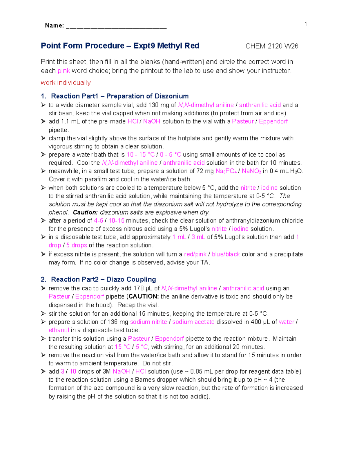 Point Form Procedure for Expt 9: Methyl Red CHEM 2120 W26 - Studocu