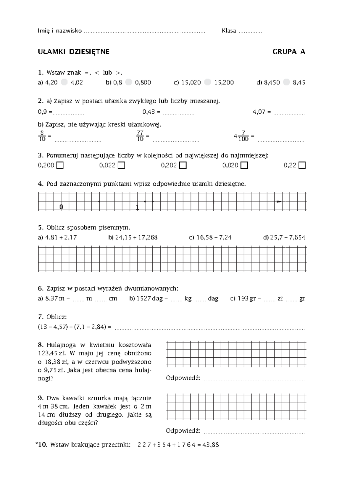 420247428 Ułamki Dziesiętne Praca Klasowa 4 Klasa Podstawowa PDF - Studocu