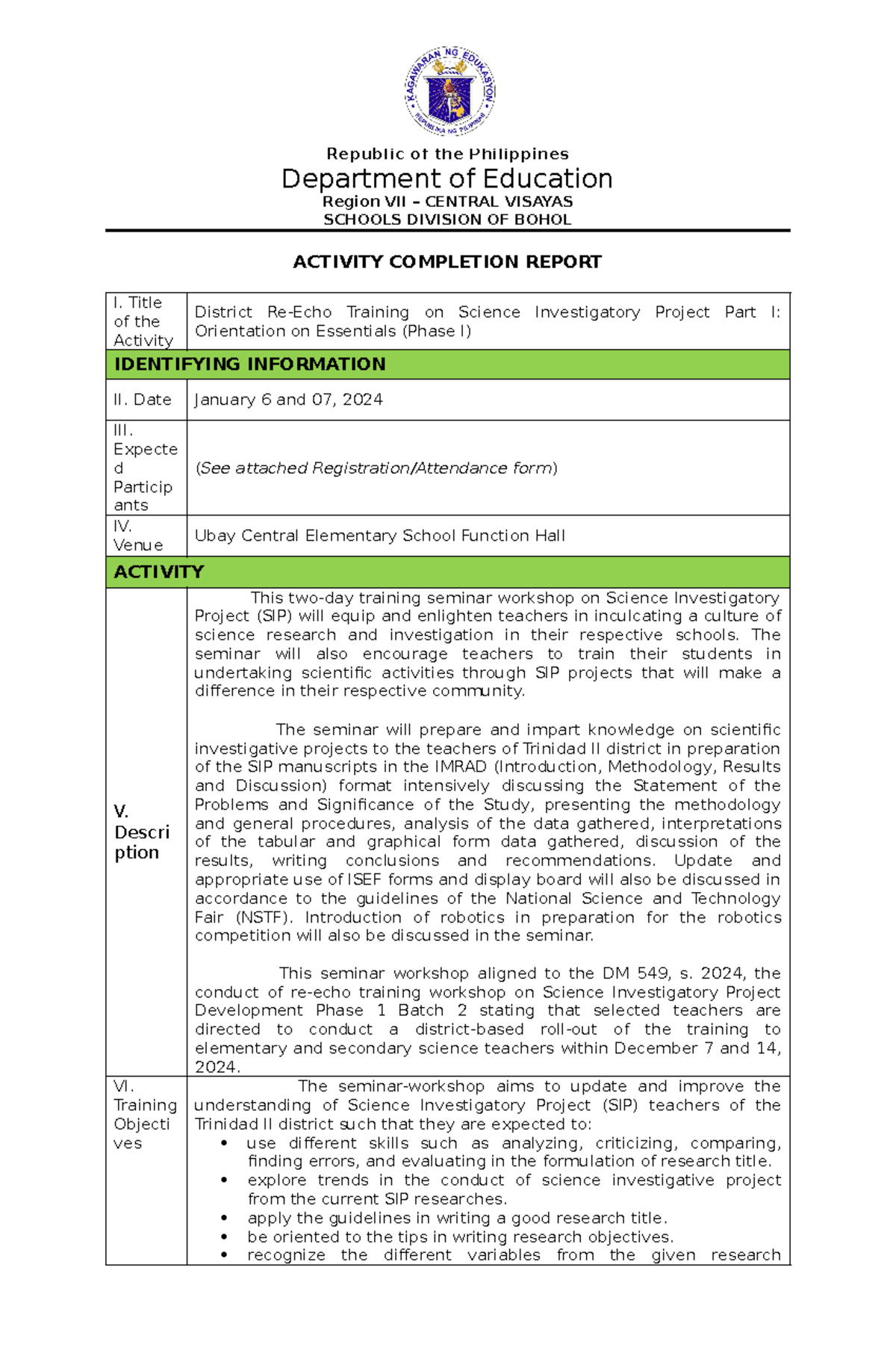 Activity Completion Report for District Re-Echo Training on SIP - Studocu