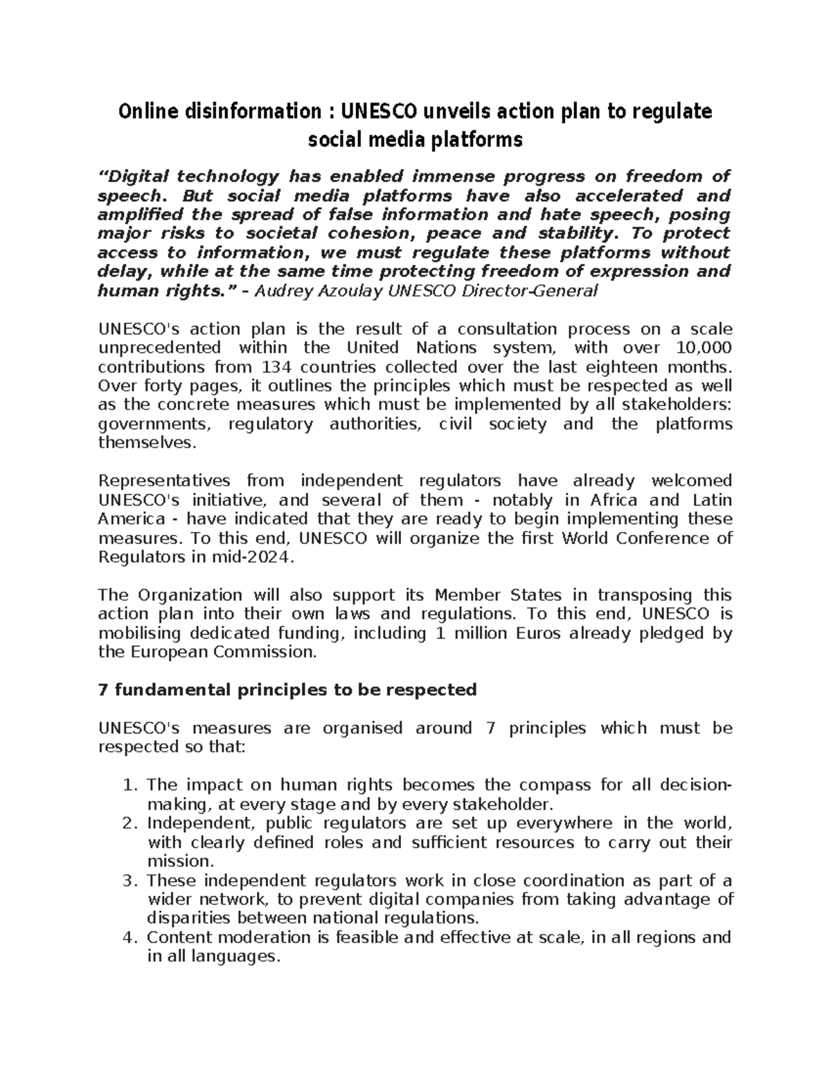 UNESCO Action Plan on Online Disinformation: Key Principles & Measures ...
