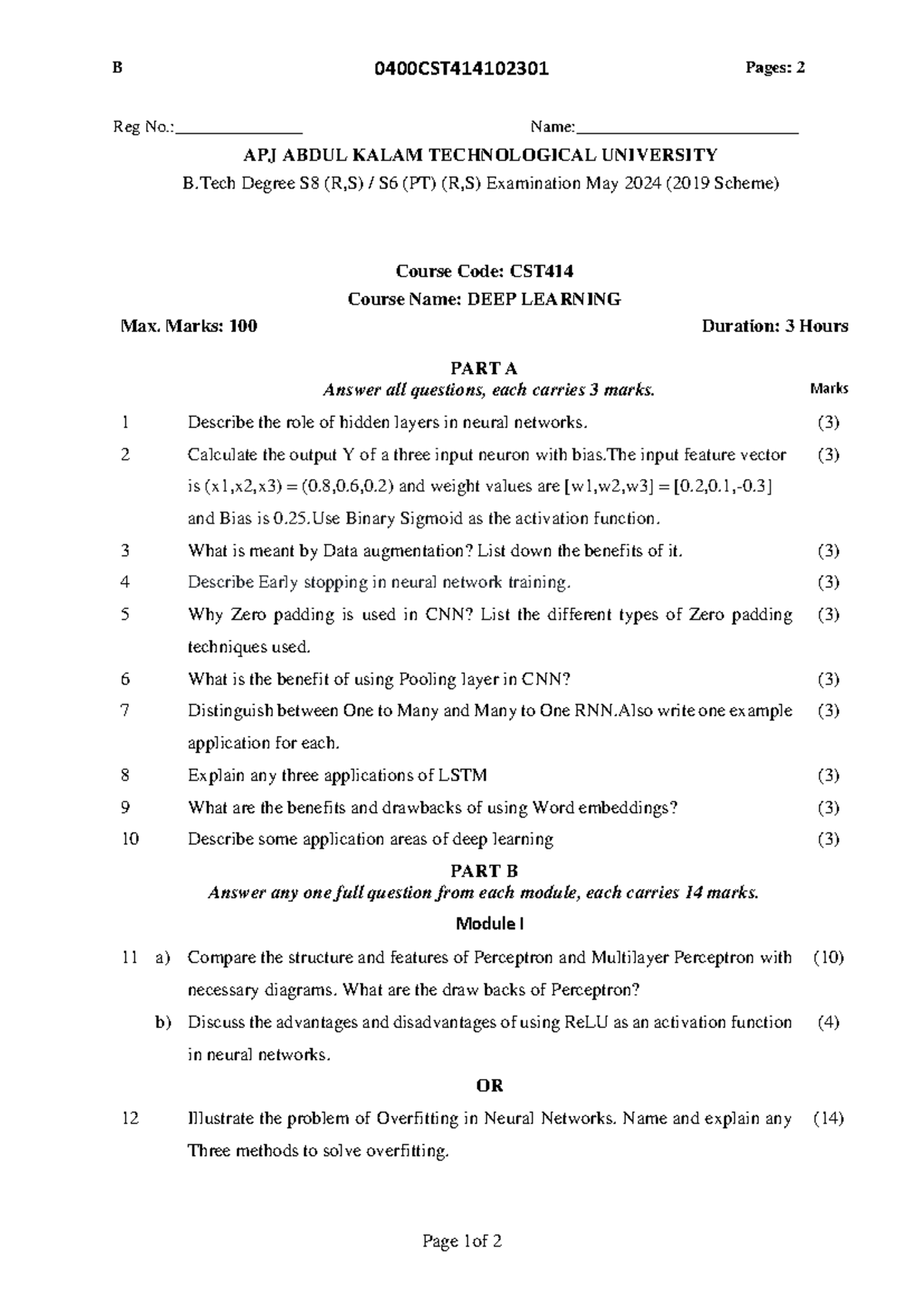 CST414 Deep Learning May 2024 Exam Question Paper - Studocu