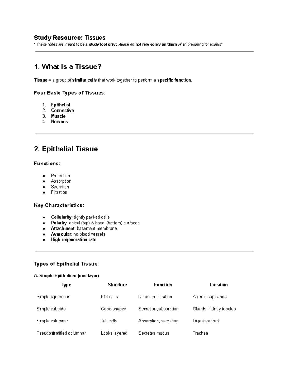 Study Notes: Tissues Overview - Studocu