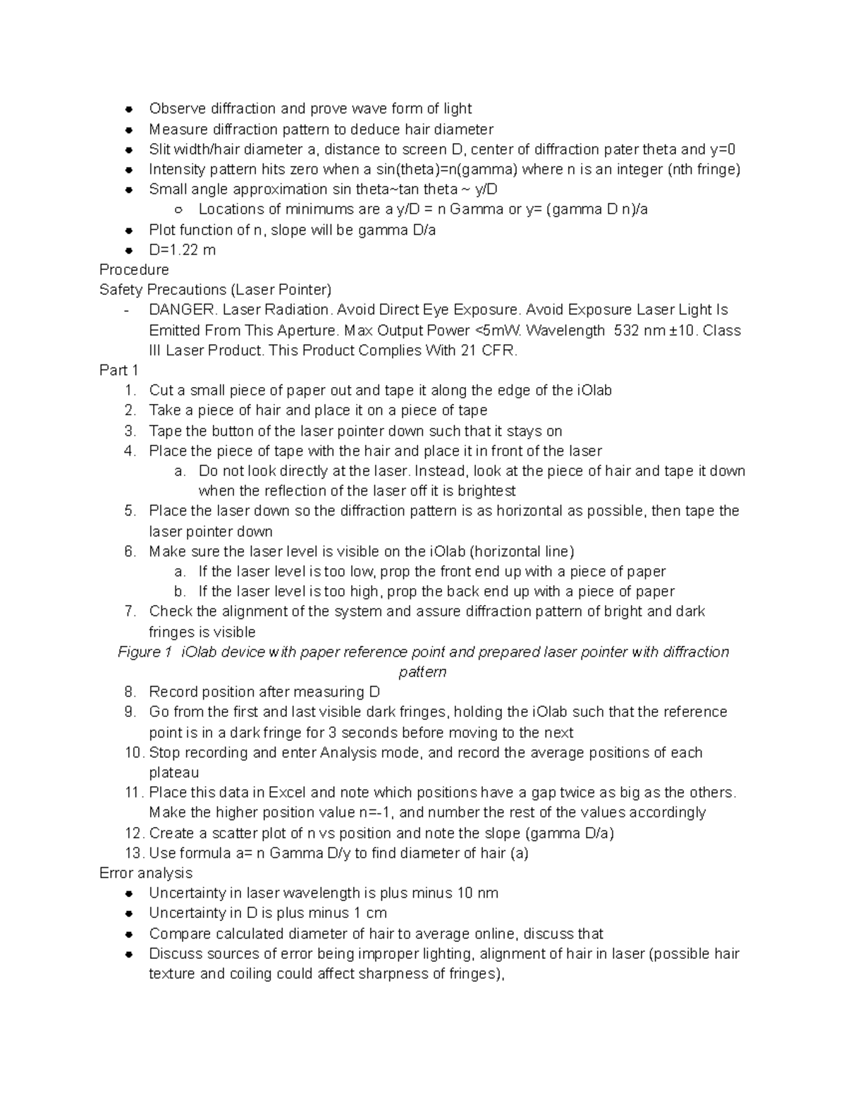 Phy 122 Lab 1 Notes: Observing Diffraction Patterns and Hair Diameter ...