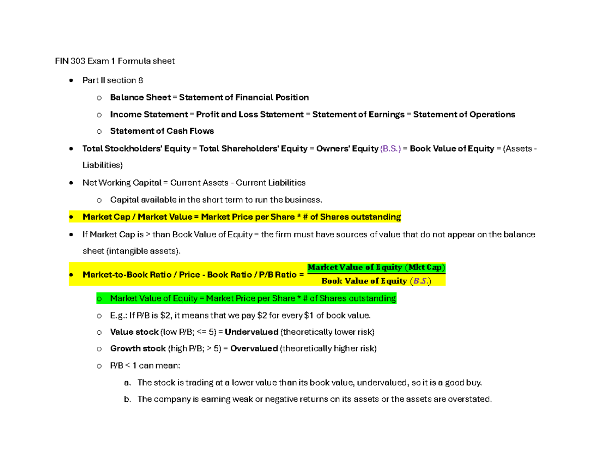 FIN 303 Exam 1 Formula Sheet: Key Financial Statements & Ratios - Studocu