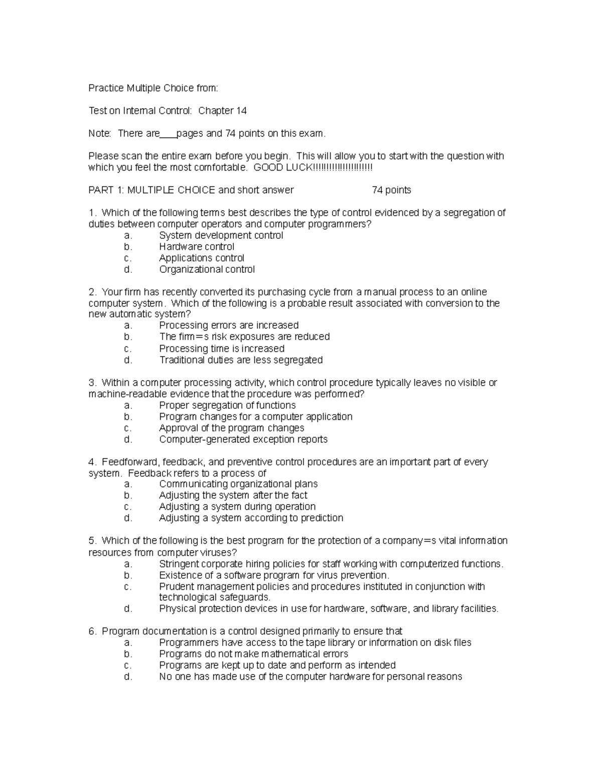 Practice MCQs for Internal Control - Chapter 14 Exam Prep - Studocu