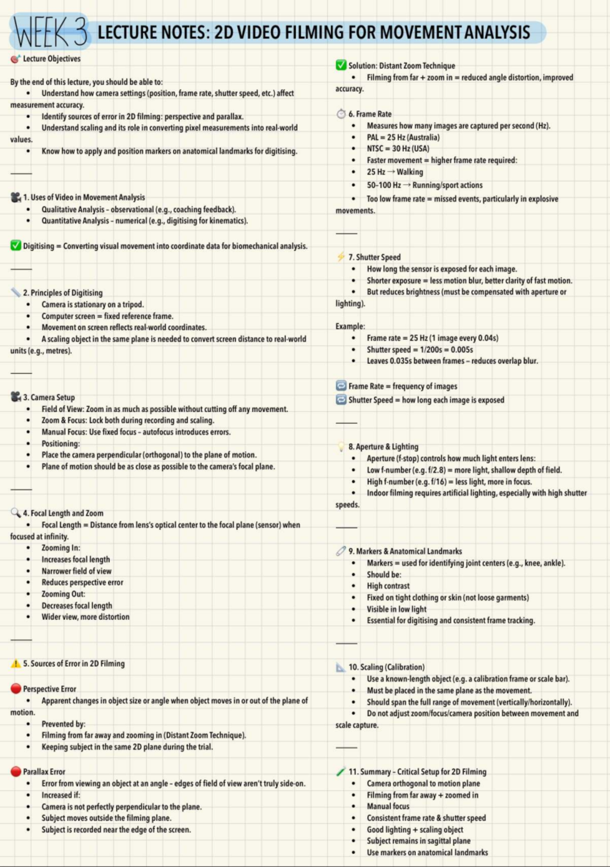 WEEK 3 LECTURE NOTES: 2D VIDEO FILMING FOR MOVEMENT ANALYSIS - Studocu