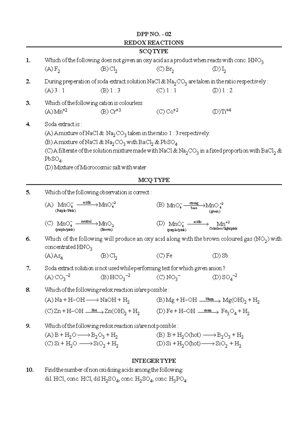 DPP NO. 02 - Redox Reactions MCQ & Integer Type Questions - Studocu