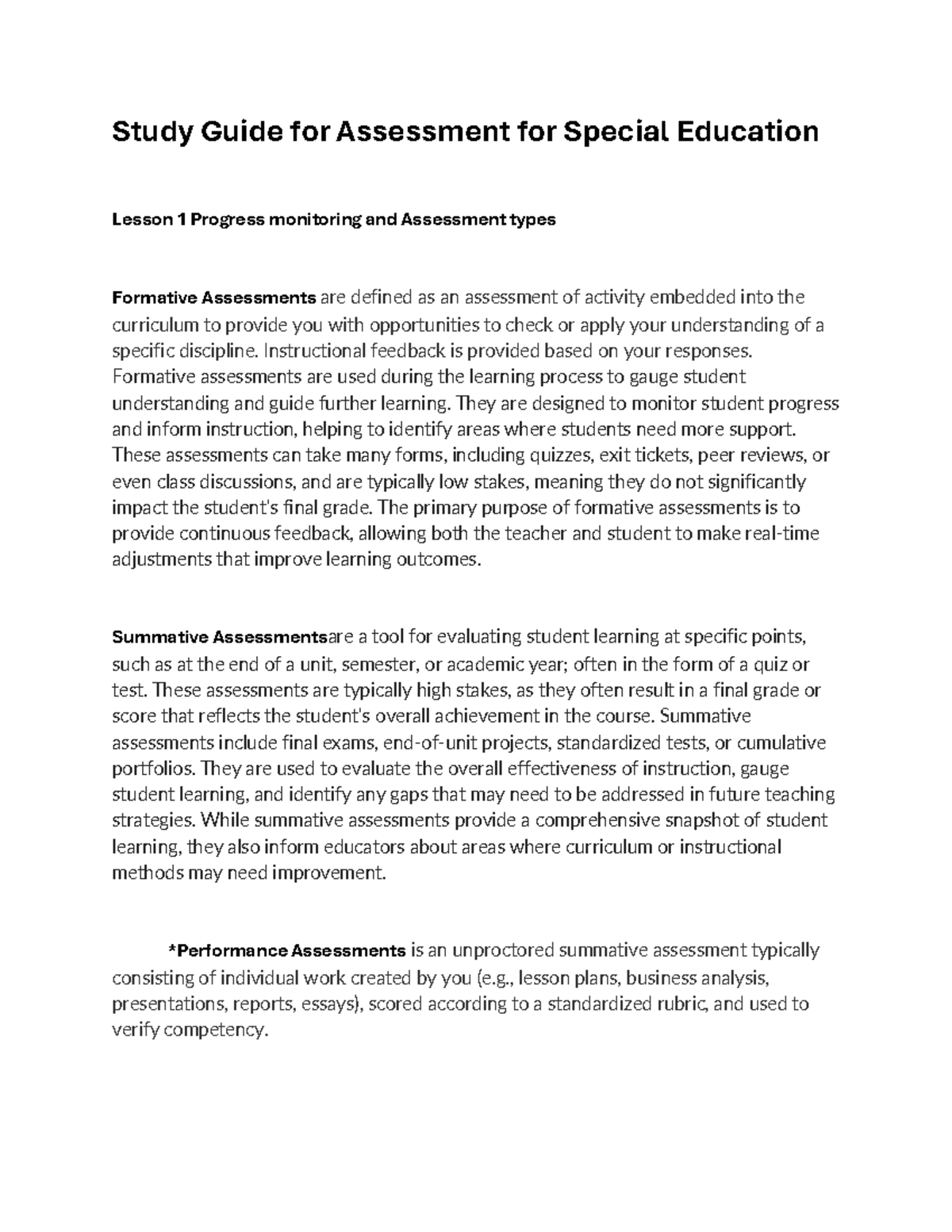 Study Guide for SPED 101: Assessments & Progress Monitoring - Studocu