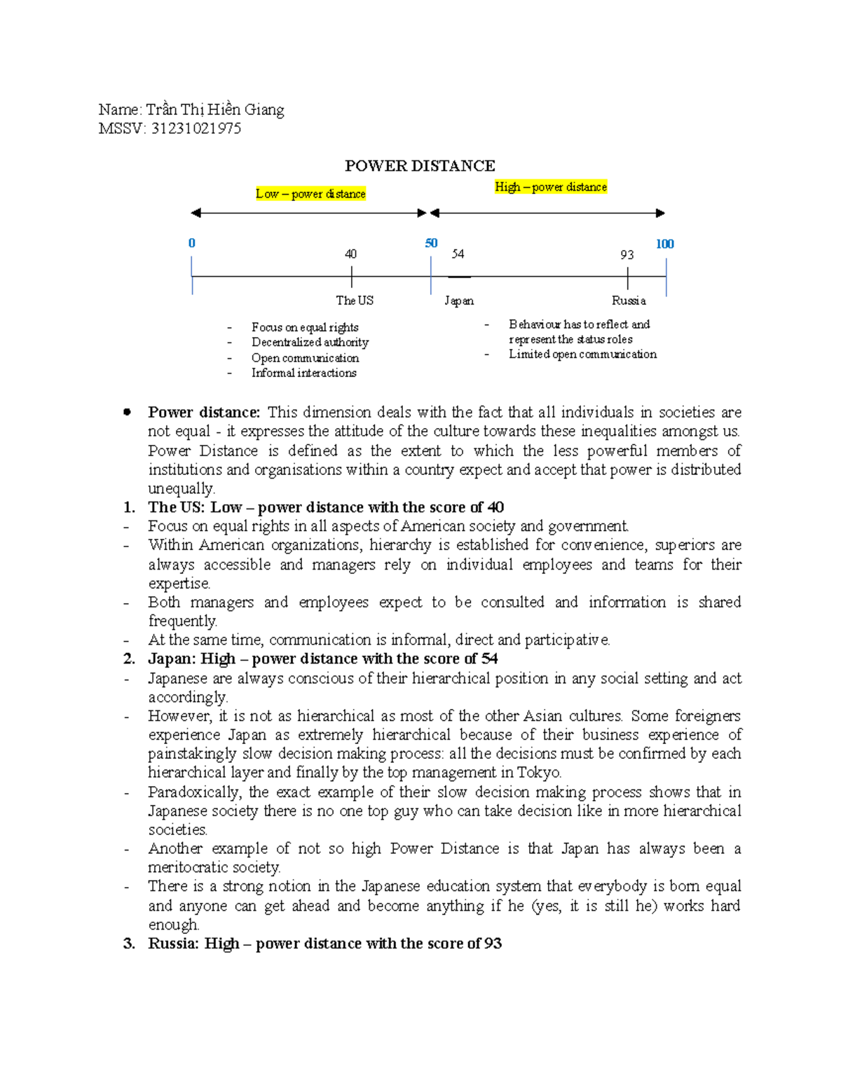 Hofstede's cultural dimensions analysis: Power distance and ...