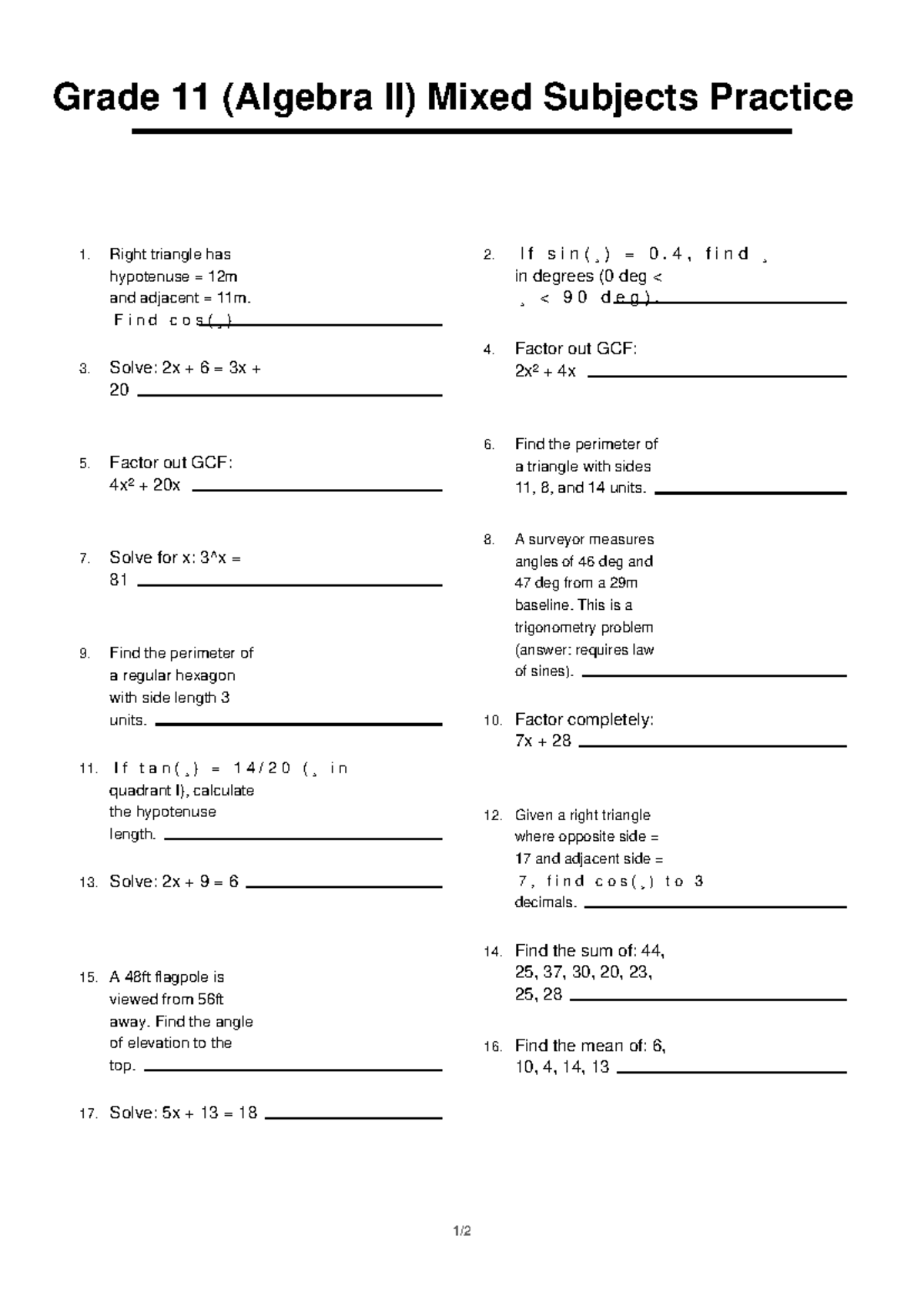 Grade 11 (Algebra II) Mixed Subjects Practice 5 Solutions - Studocu