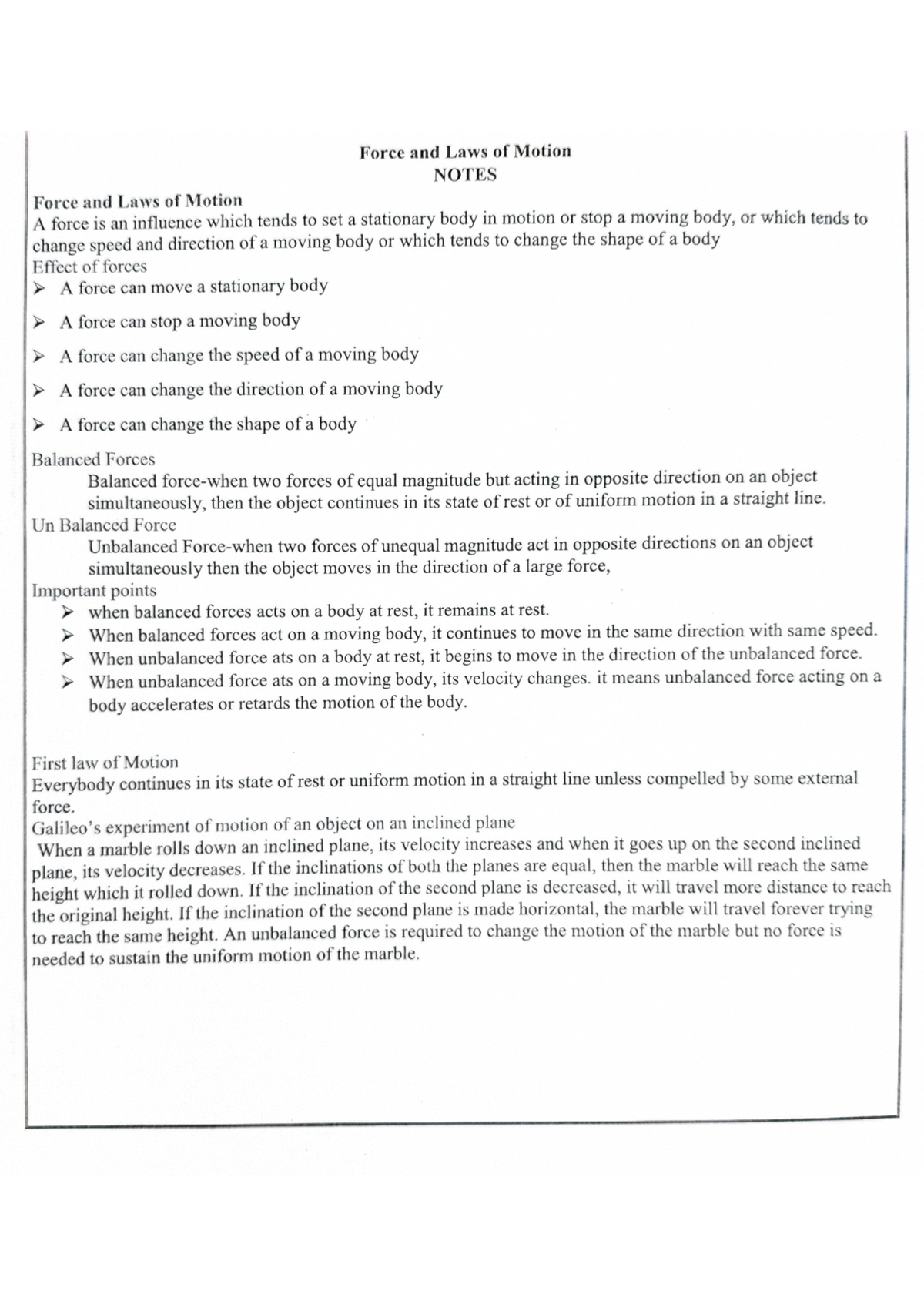 Force and Laws of Motion Notes (Class 9) - Studocu