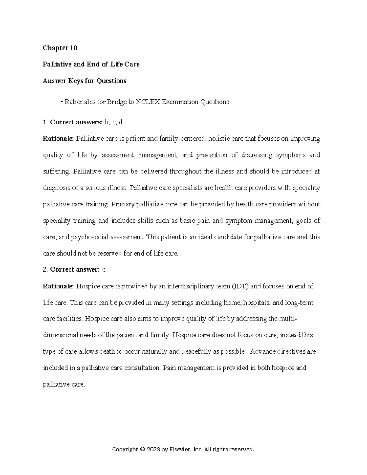 Chapter 10 - Case Study Answers for Palliative Care and NCLEX Prep ...