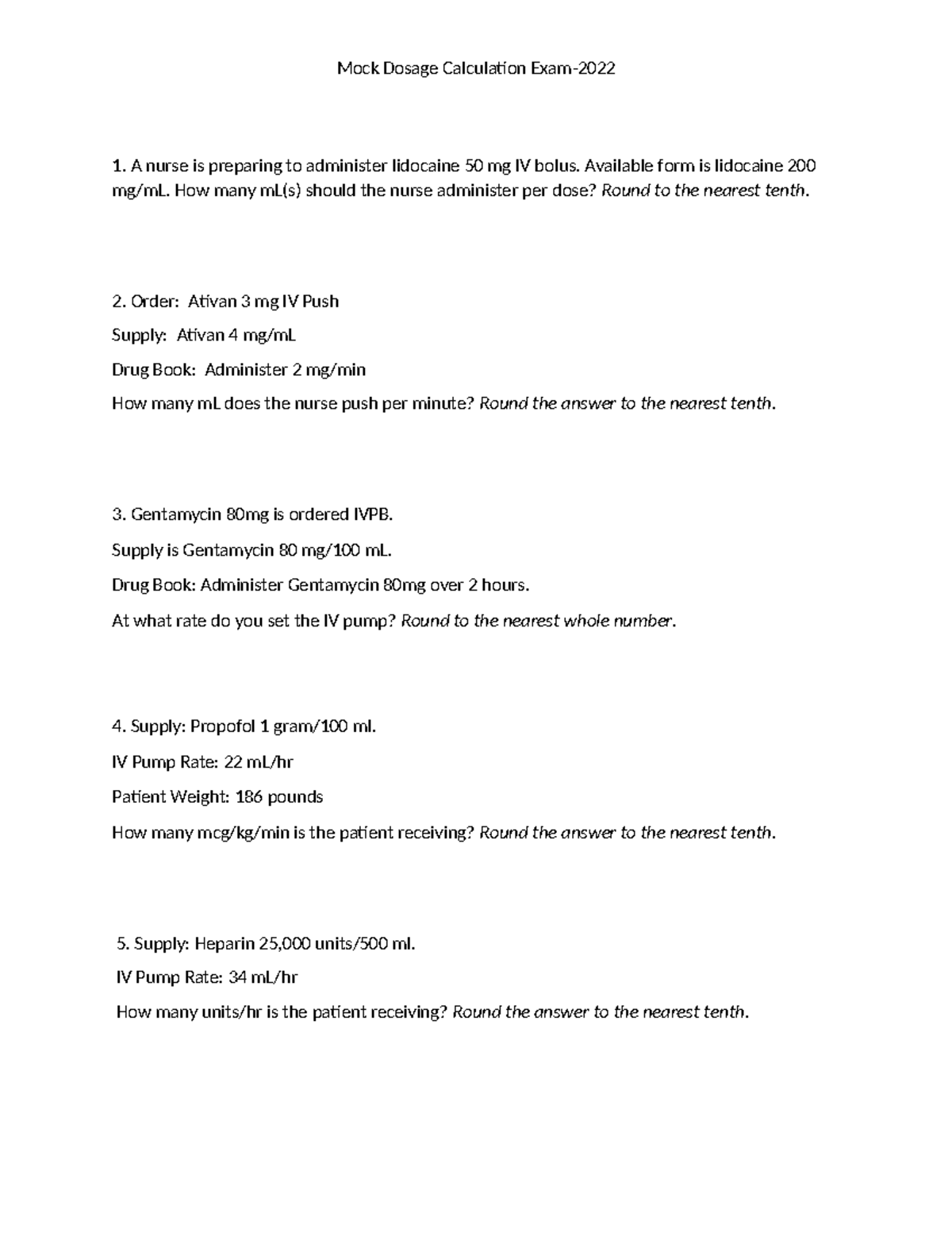 NURS 4525 Mock Dosage Calculation Exam - Practice Questions - Studocu