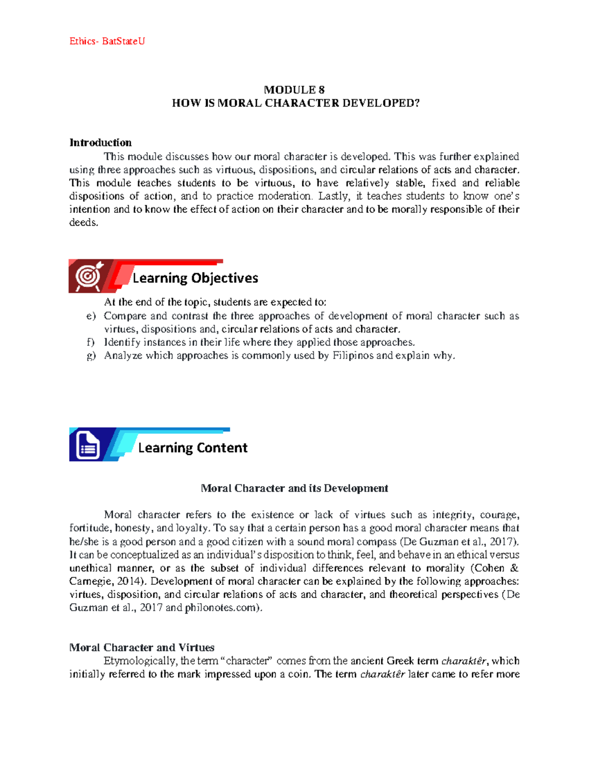 BatStateU Module 8: Developing Moral Character Through Virtues and ...