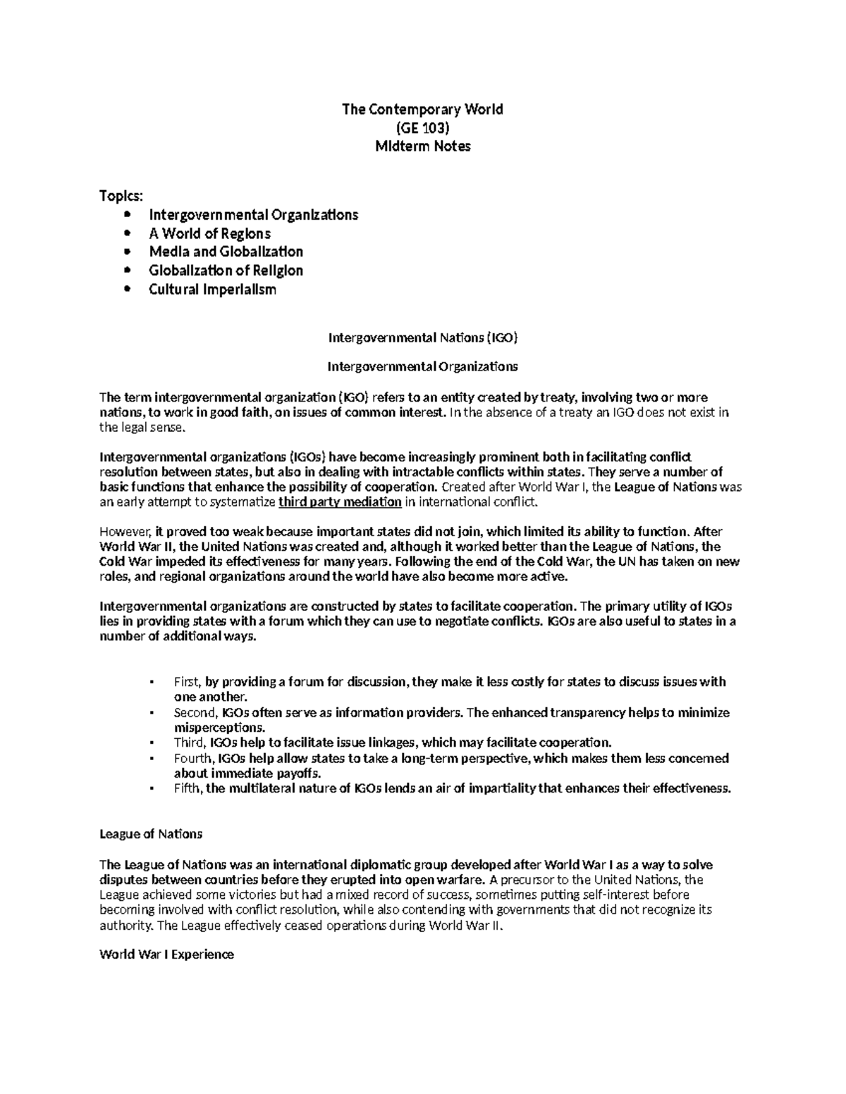 GE 103 Midterm Notes - Topics: Intergovernmental Organizations A World ...