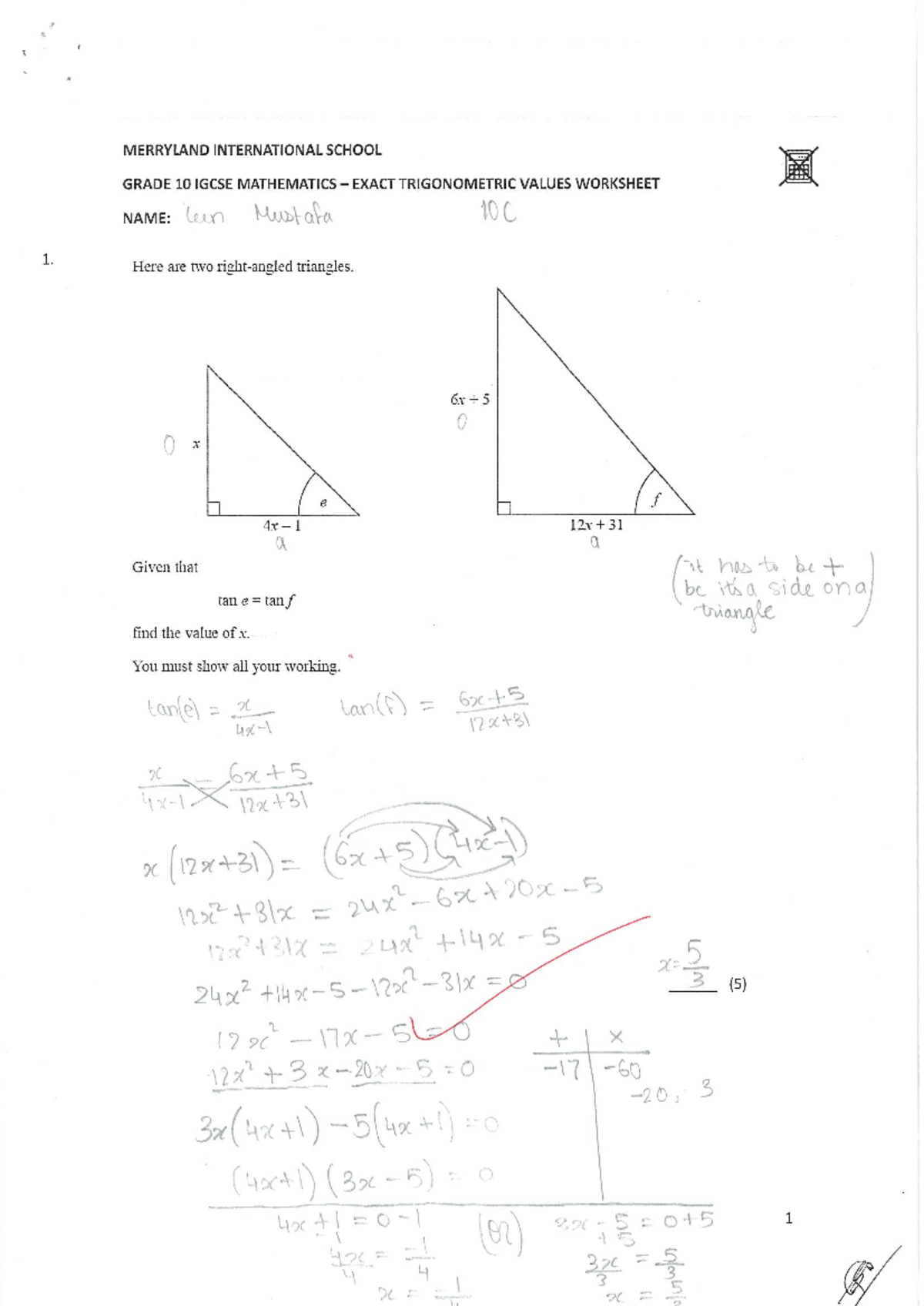 Exact trig values worksheet key - MERRYLAND INTERNATIONAL SCHOOL GRADE ...
