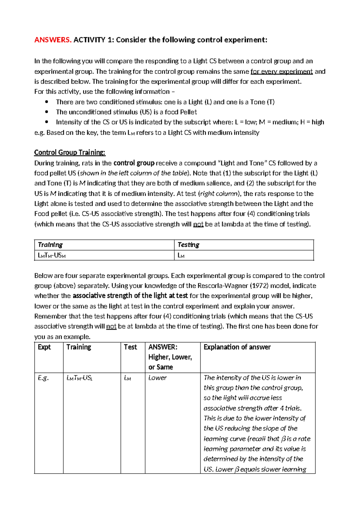 Rescorla-Wagner Model: Week 3 Online Tutorial Answers - Studocu