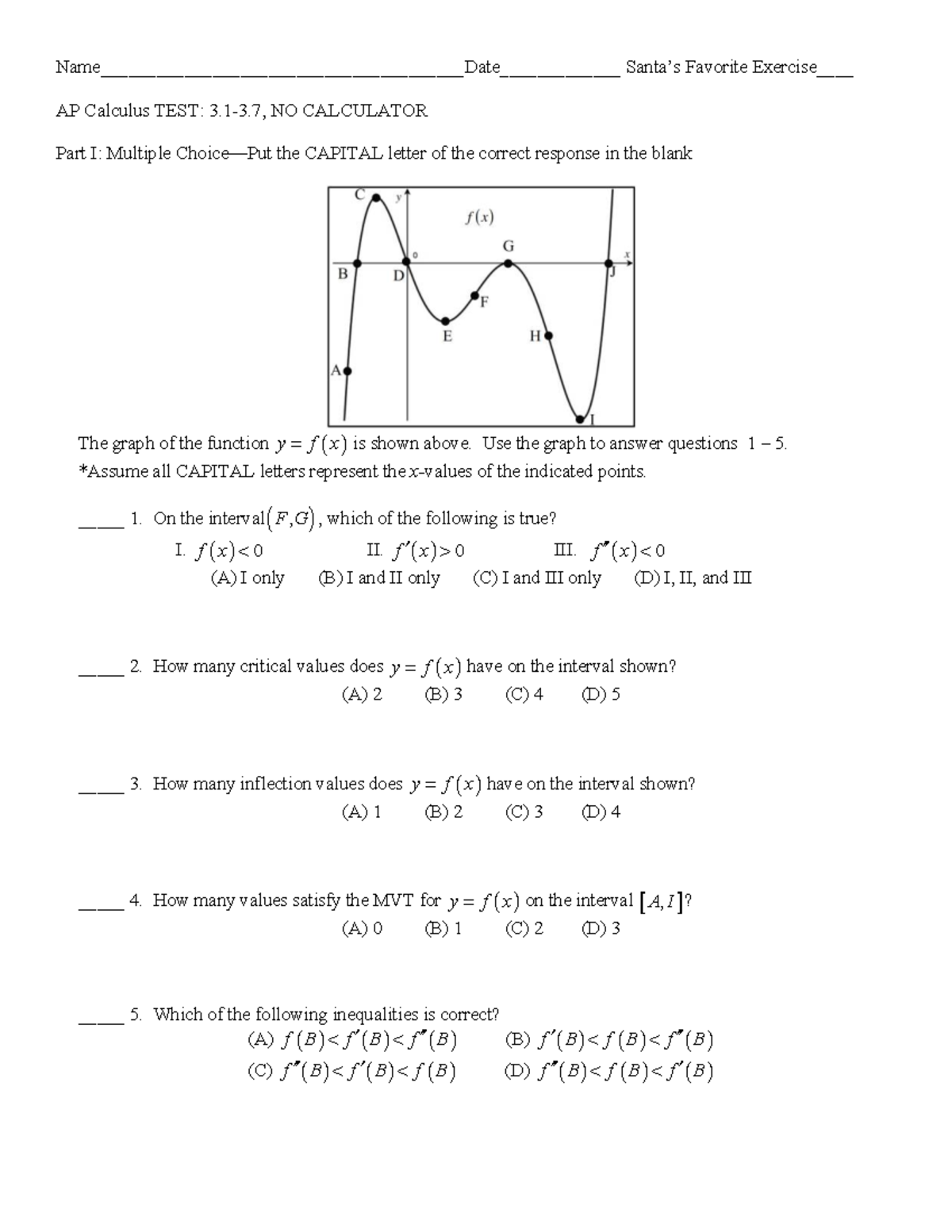 AP Calculus AB Test: No Calculator - Multiple Choice Questions (3.1-3.7 ...