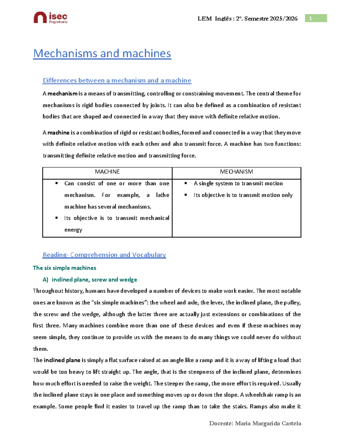 LEM_Inglês: 2º Semestre - Mechanisms vs. Machines Explained - Studocu