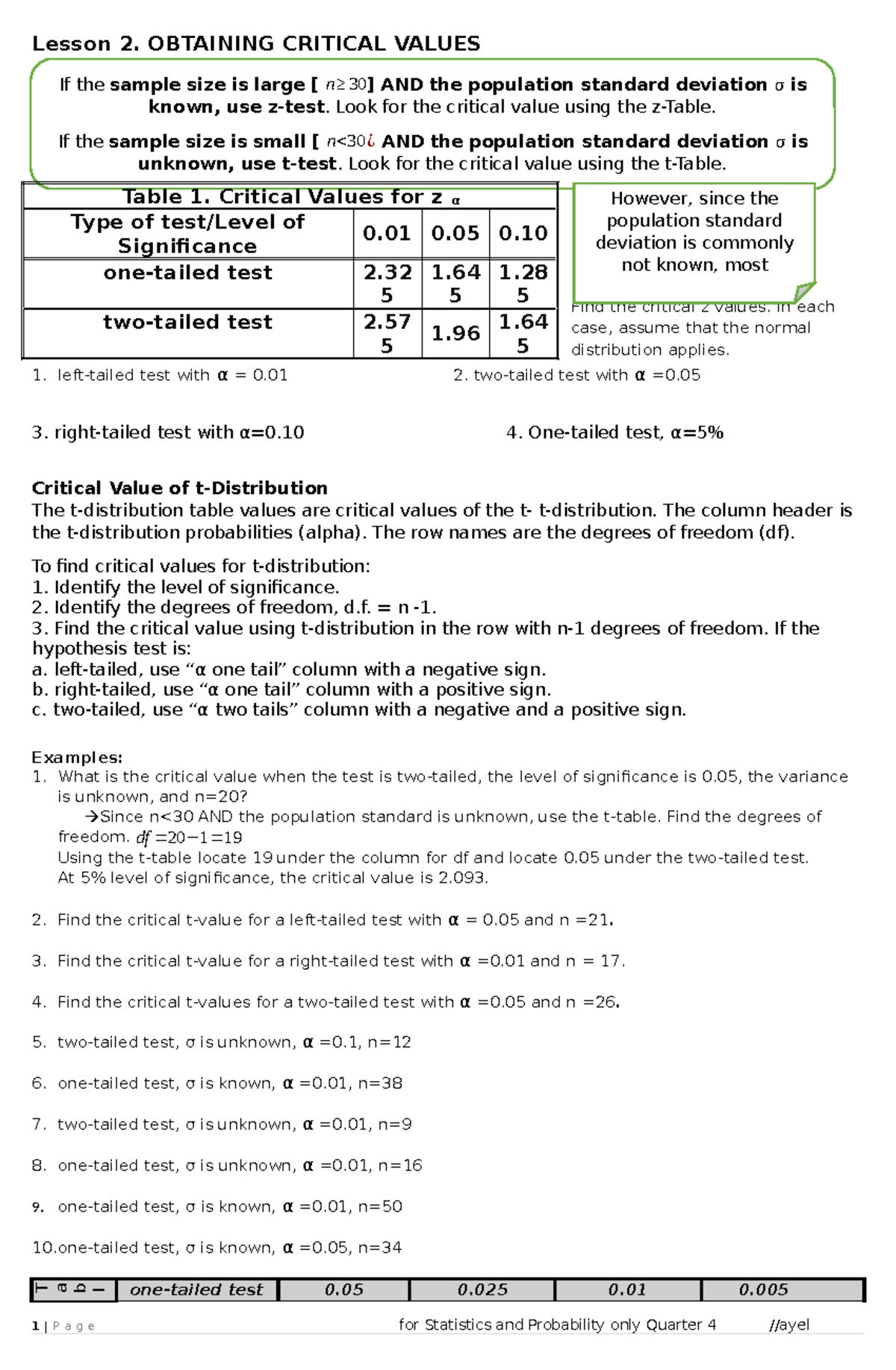 Lesson 2: Obtaining Critical Values for Statistics (Quarter 4) - Studocu
