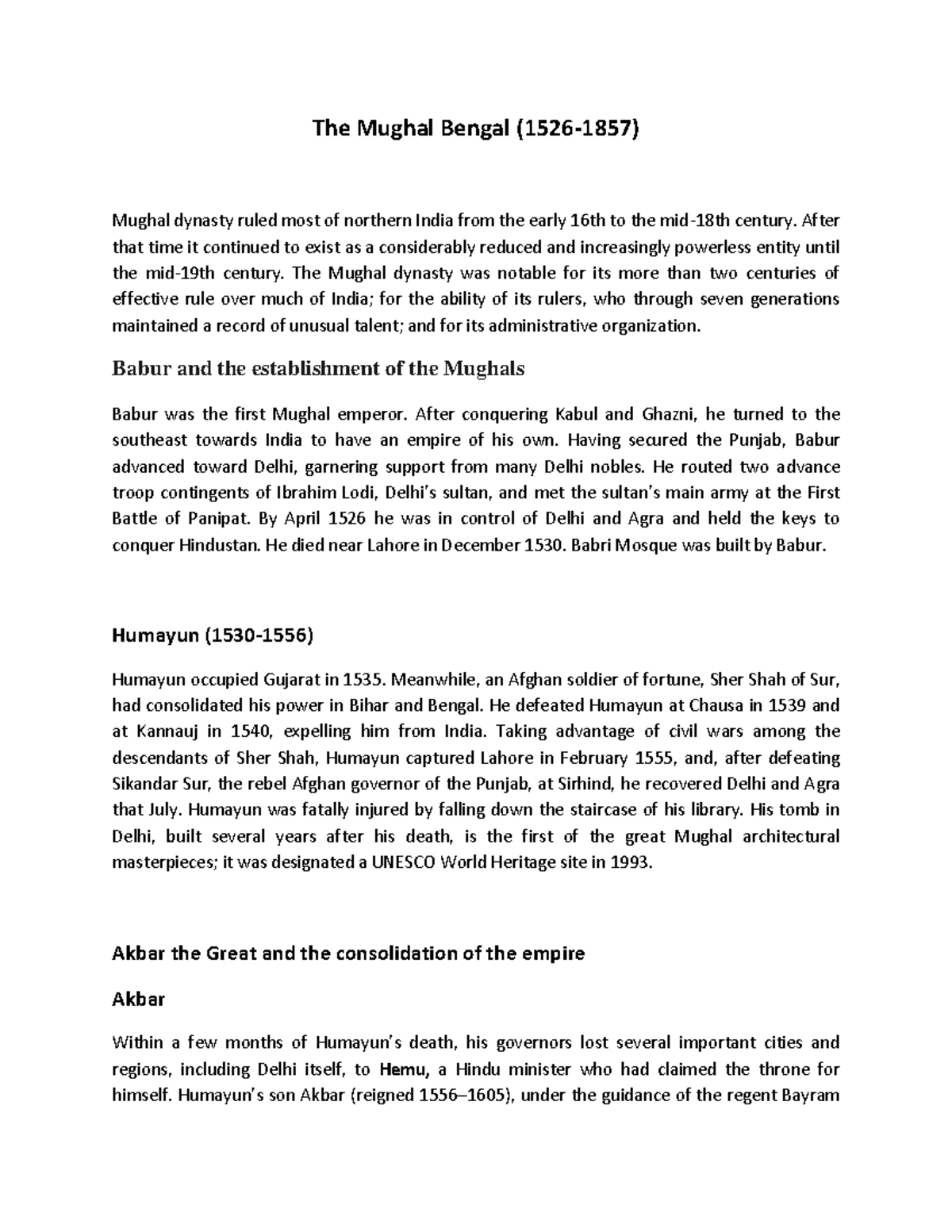 Mughal Empire Overview: Key Events and Figures in Bengal History - Studocu