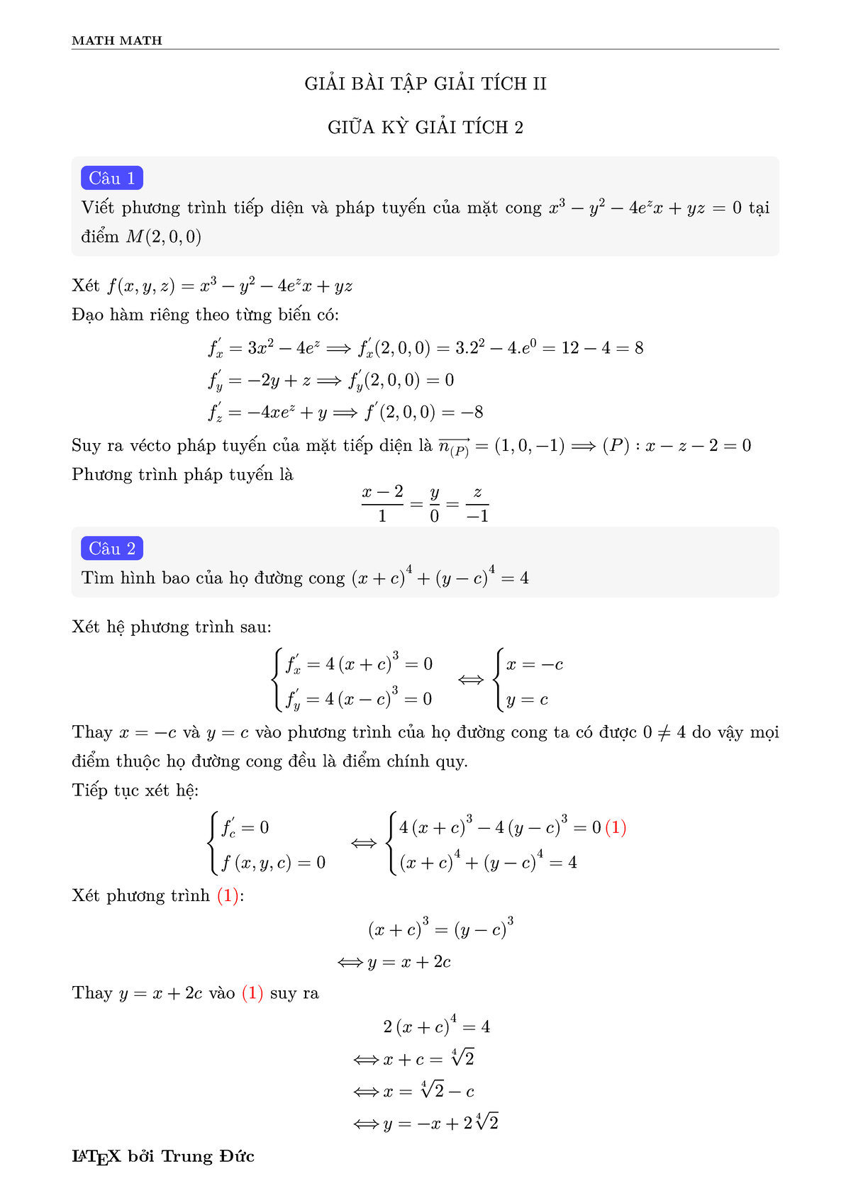 MATH MATH GIẢI TÍCH II GIỮA KỲ: BÀI TẬP VÀ PHƯƠNG TRÌNH - Studocu