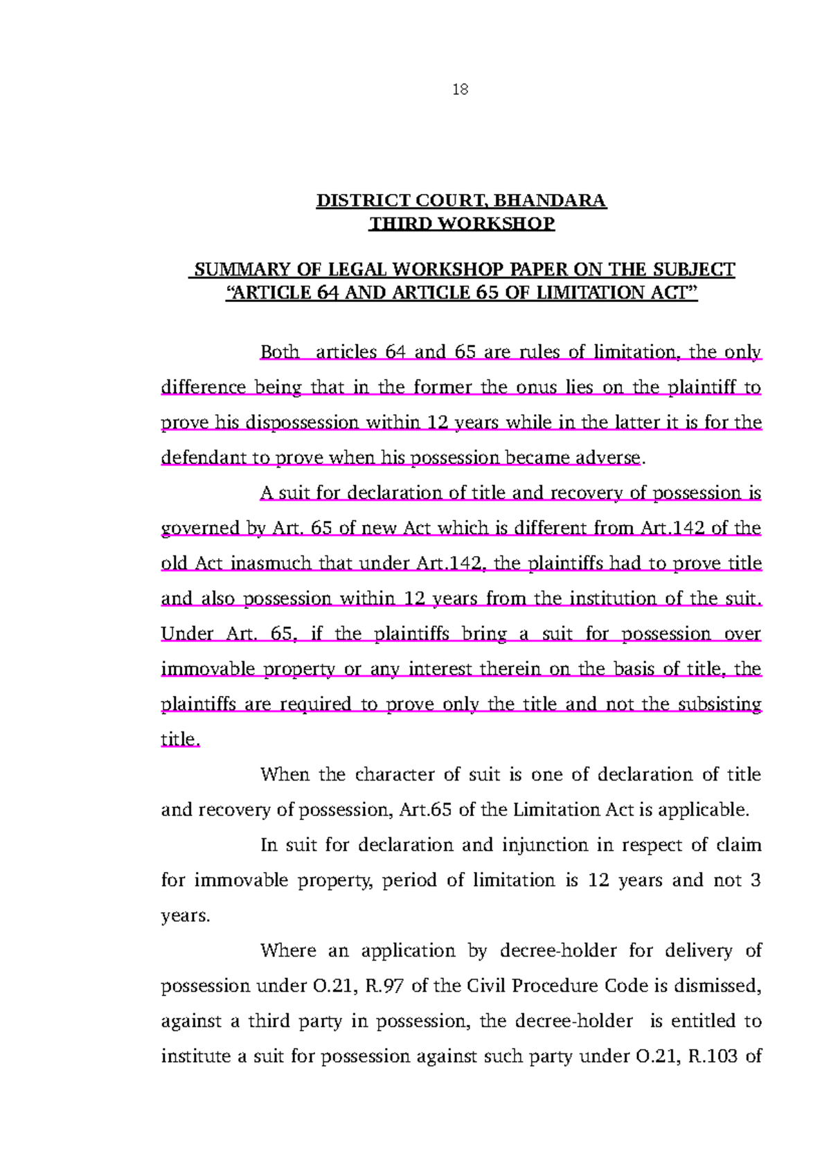 Comparative Analysis of Articles 64 & 65 of the Limitation Act - Studocu